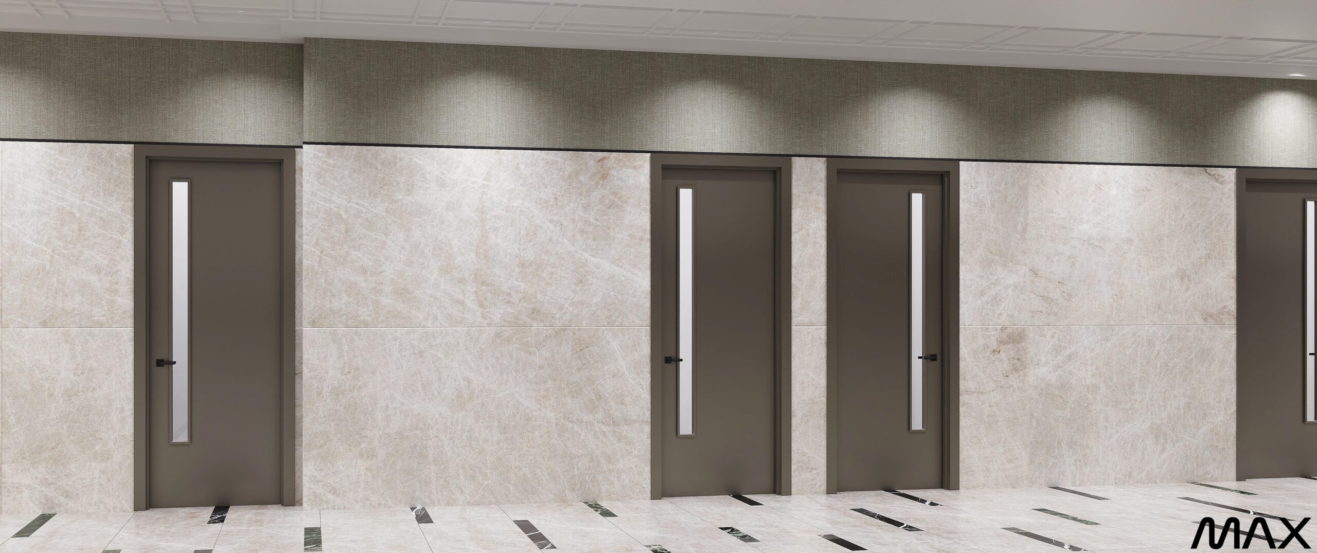 Three closed doors in a marble hallway.