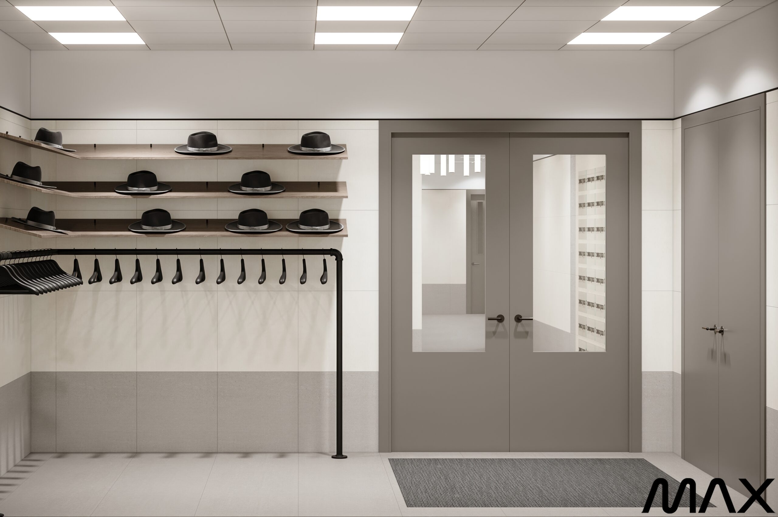 Room with hats and coat racks.