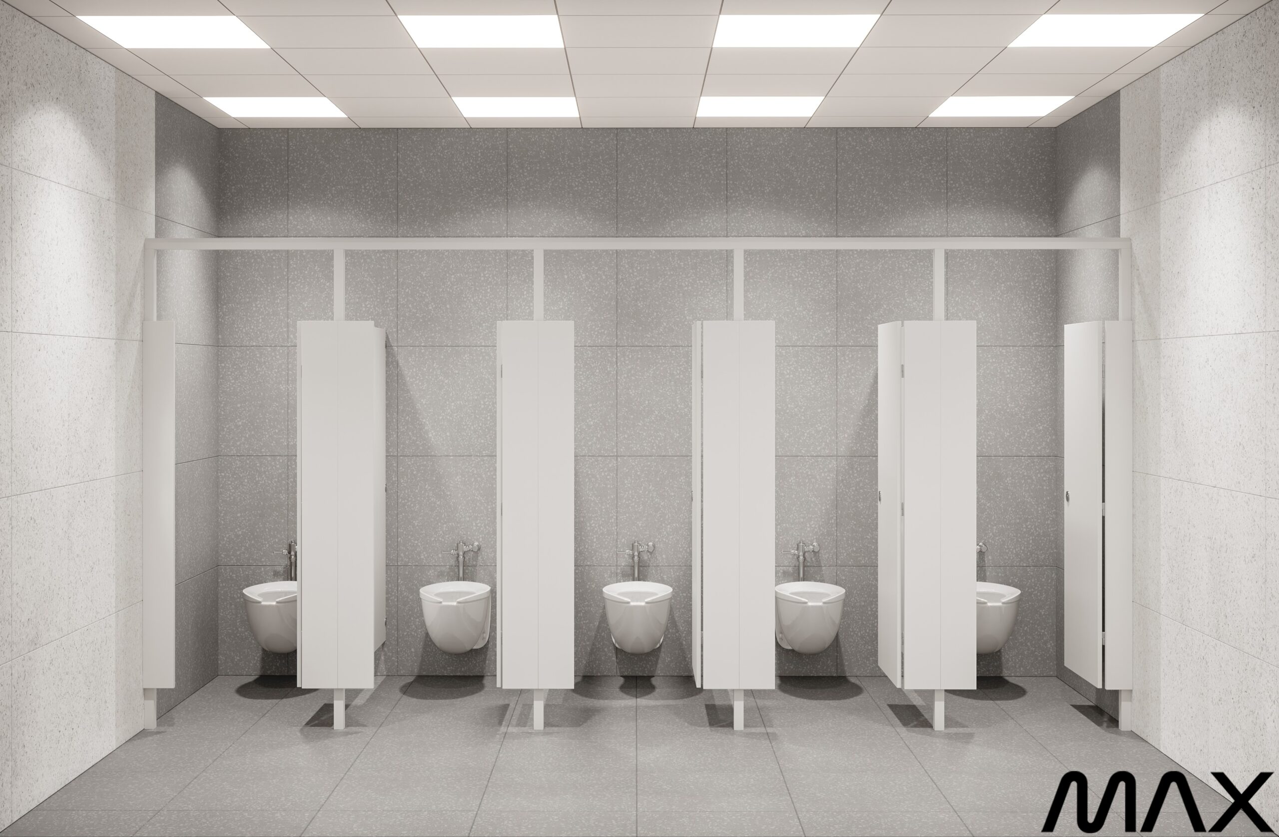 Public restroom with five stalls and toilets.