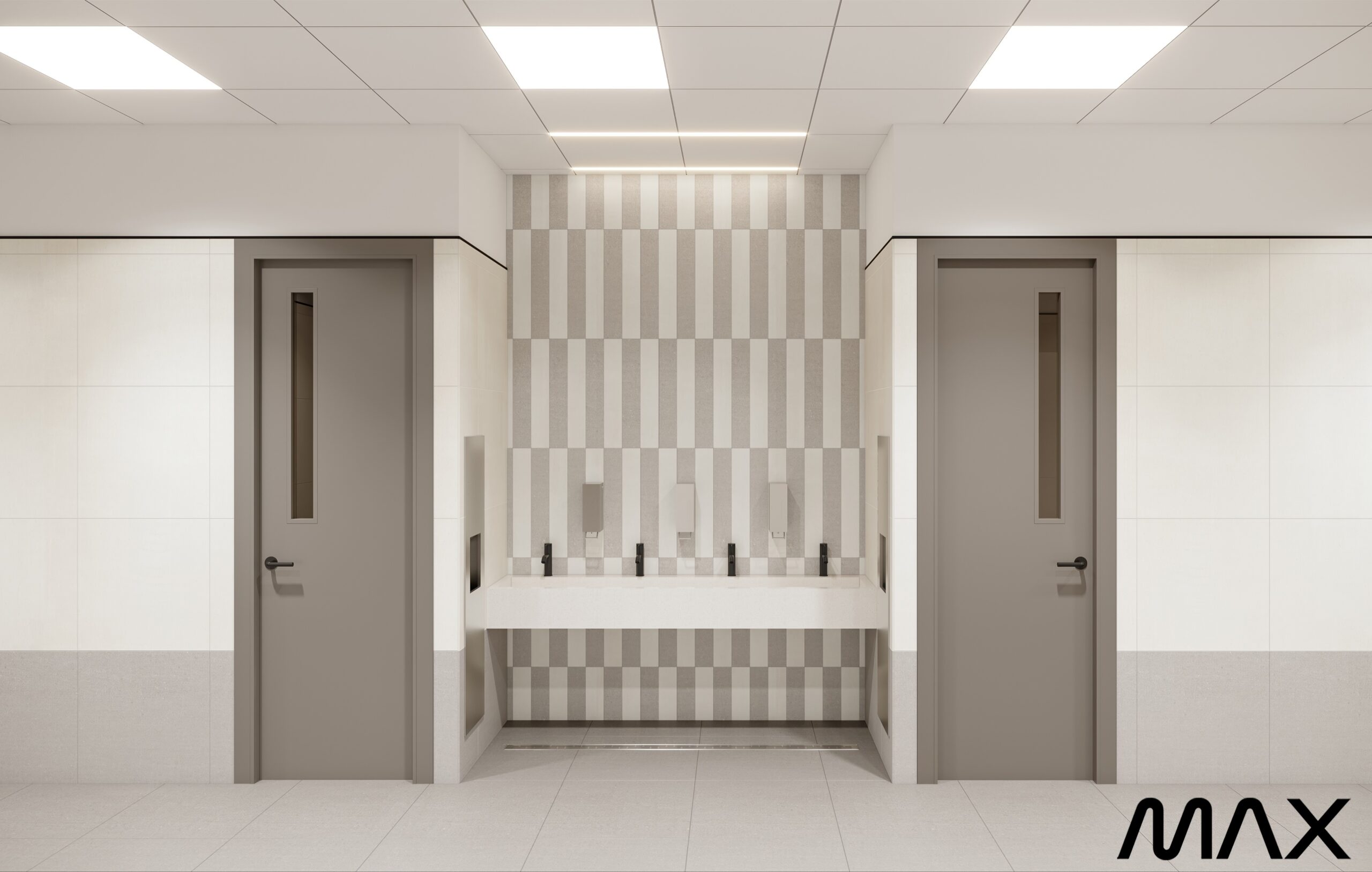 Modern restroom with striped tile design.