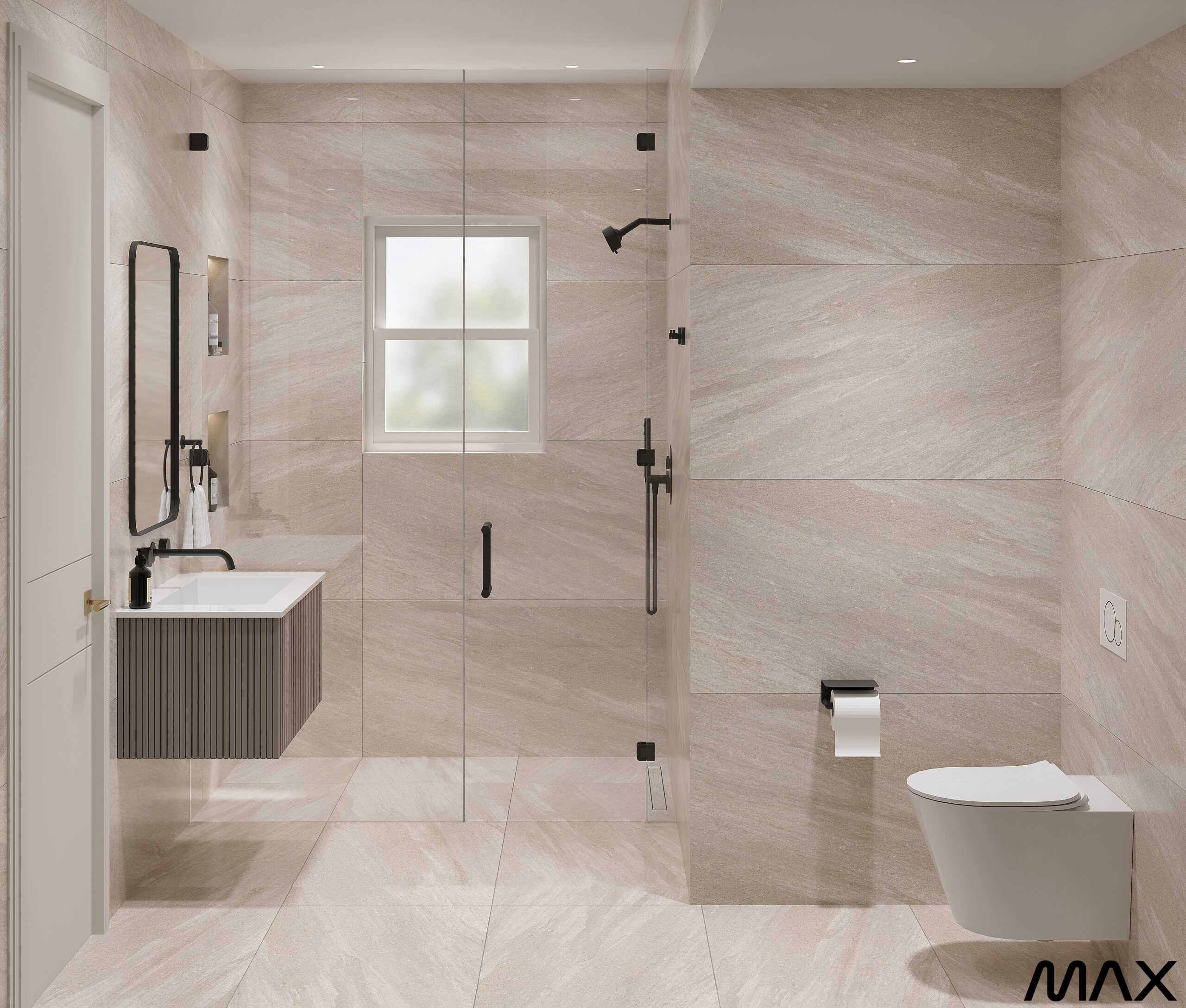 Modern bathroom with beige tile design.
