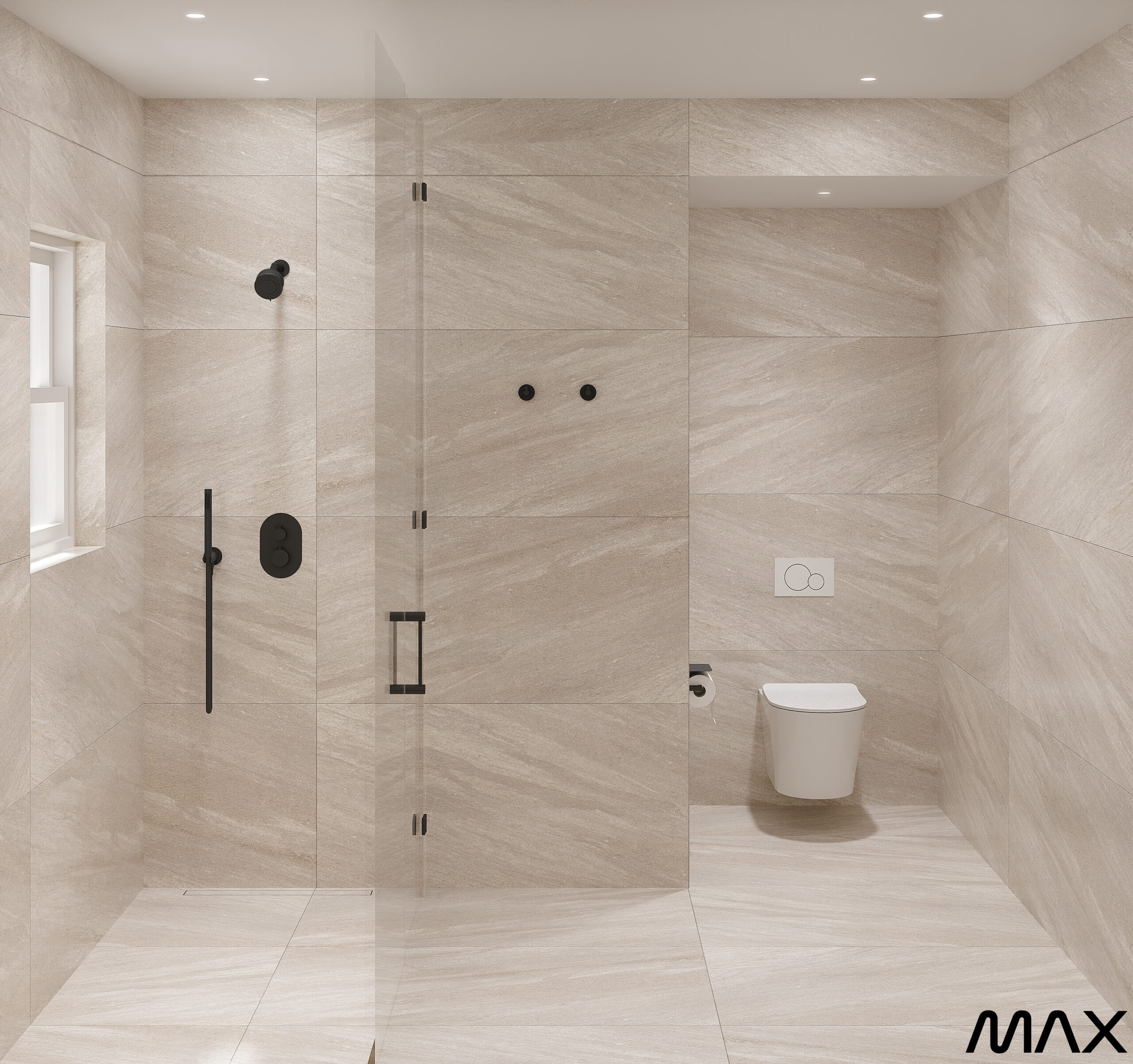 Modern minimalist bathroom with beige tiles.