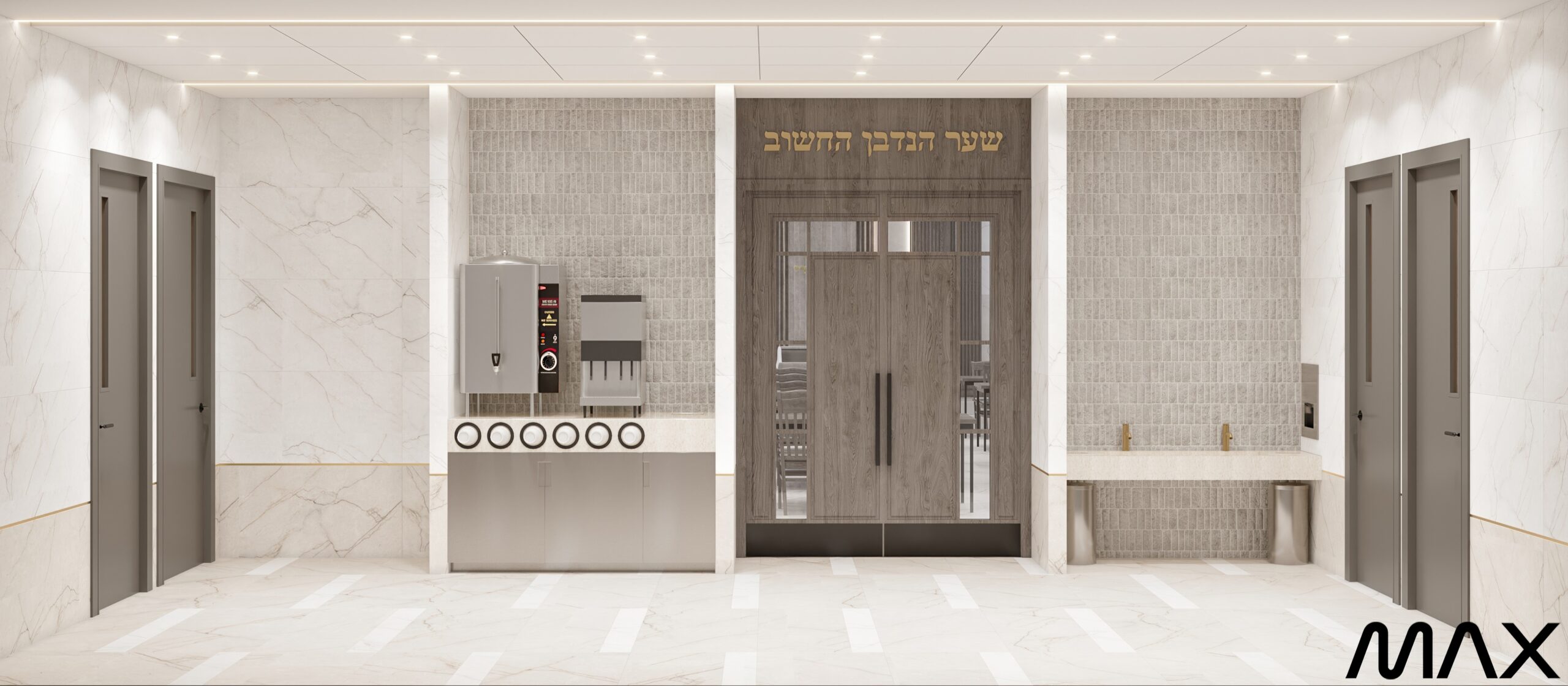 Modern lobby with elevators and double doors.