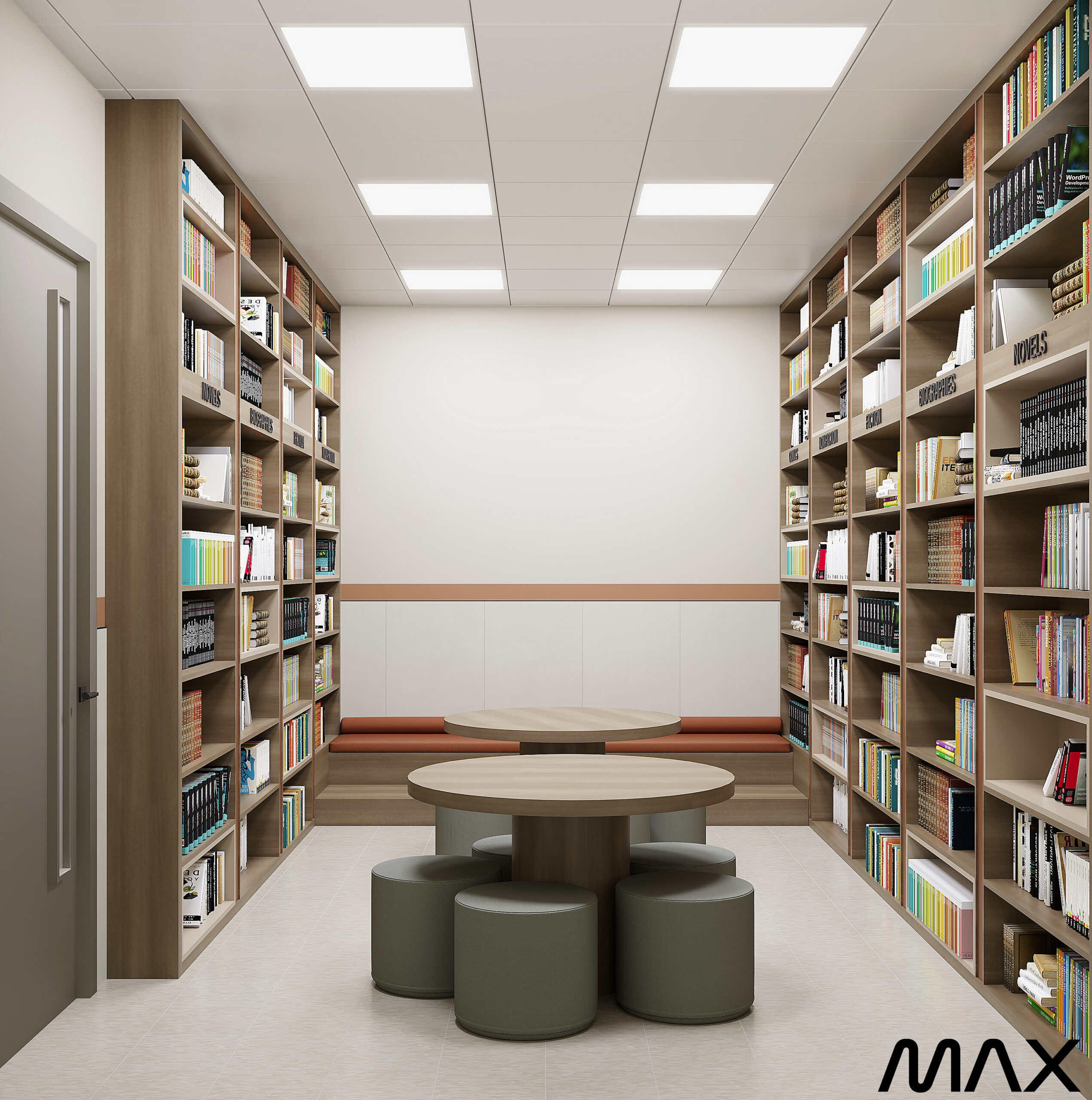 Modern library with shelves and seating area.