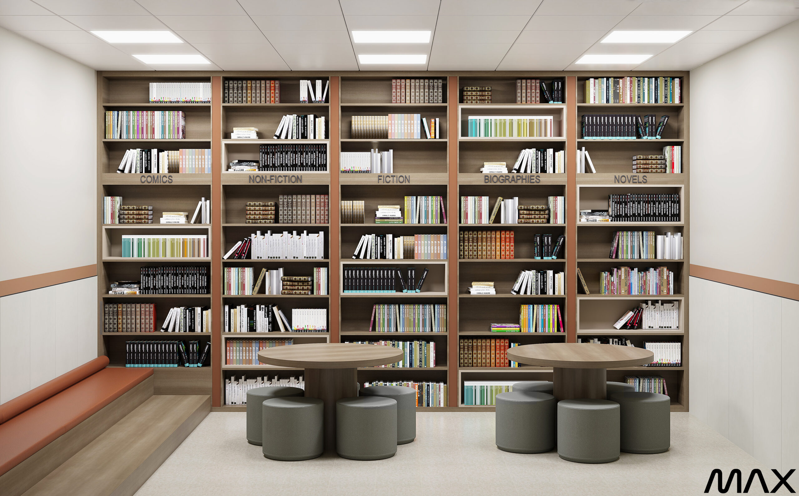 Library room with bookshelves and seating area.