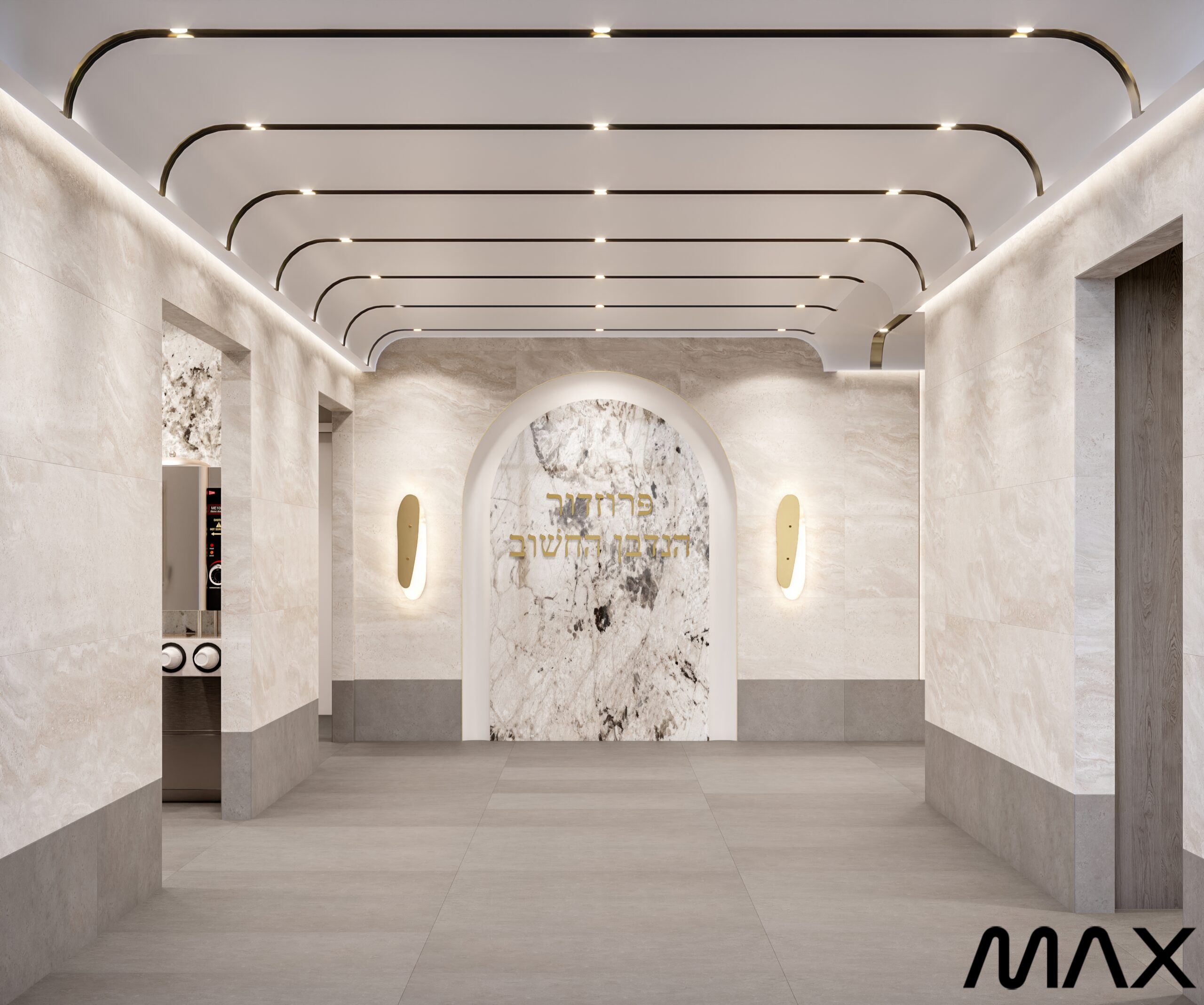 Elegant hallway with marble and modern lighting.