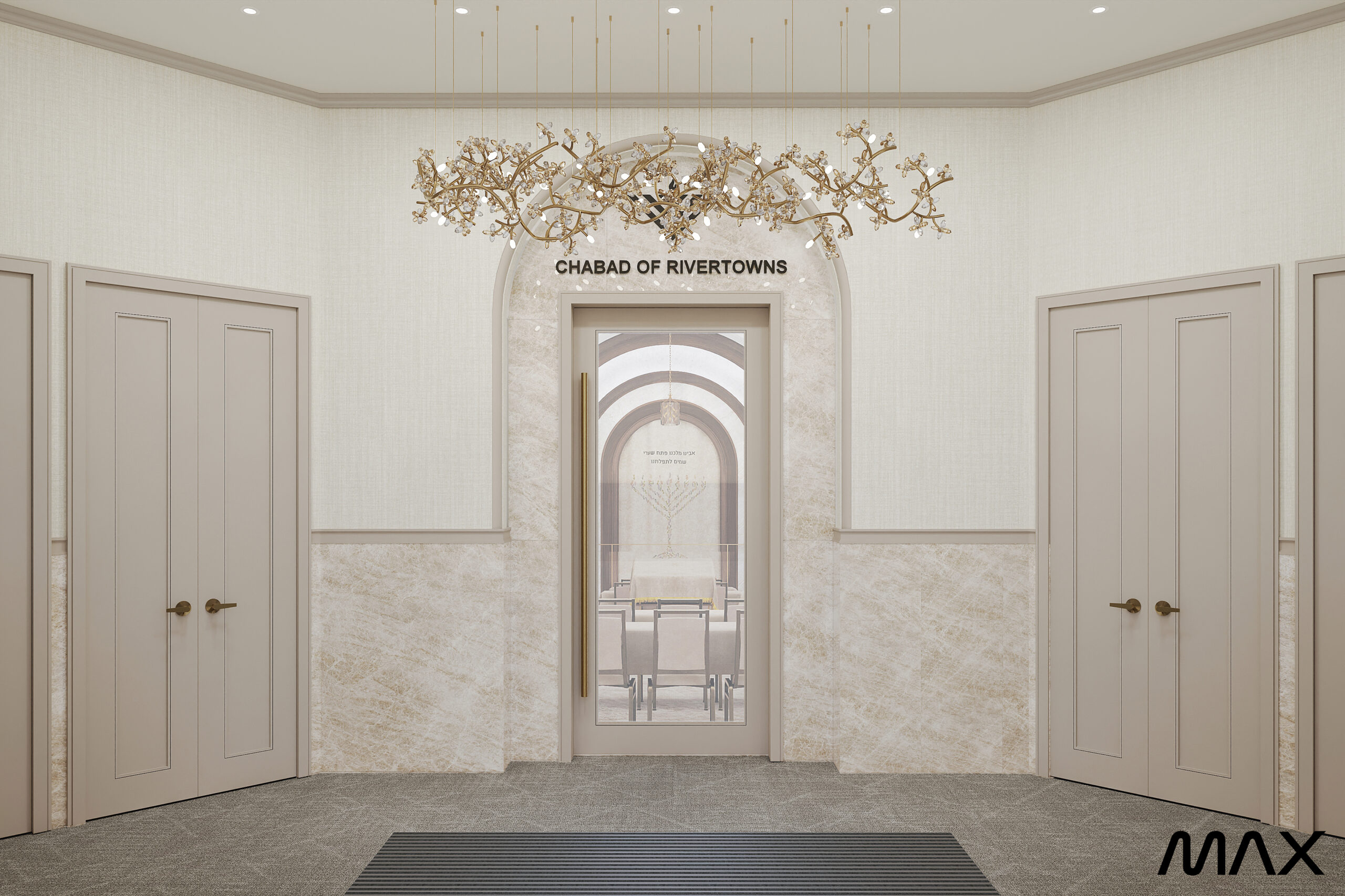 Chabad of Rivertowns entrance with chandelier.