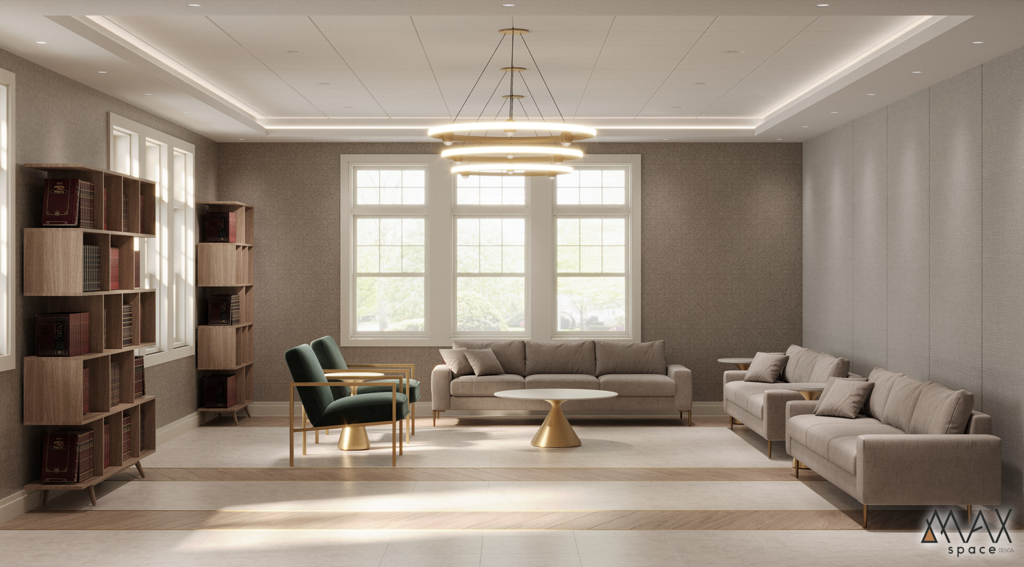 Modern living room with elegant furniture arrangement.