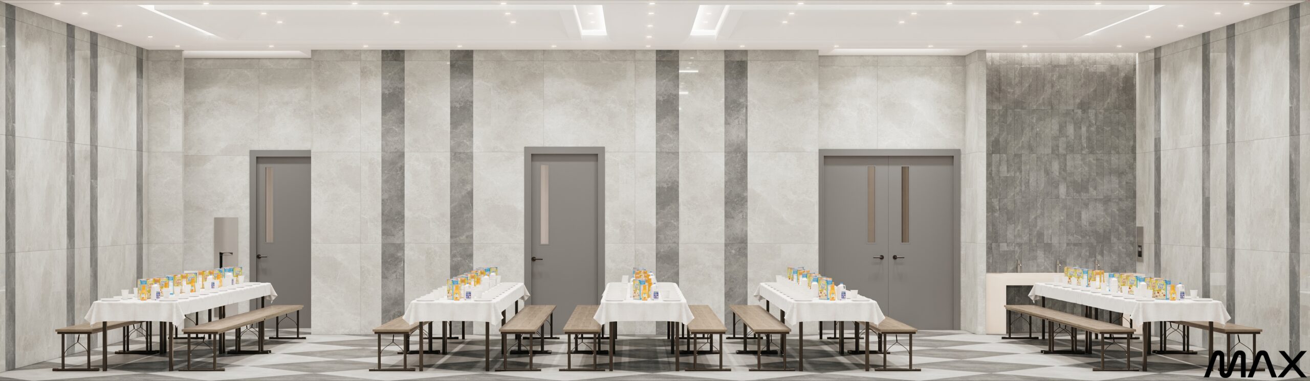 Modern dining hall with set tables.