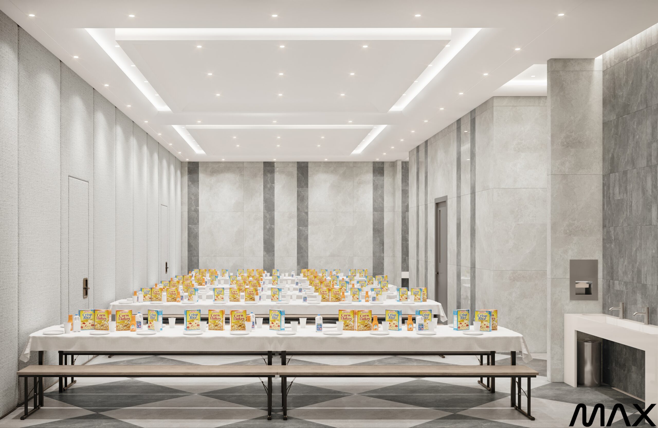 Conference room with tables and product displays.