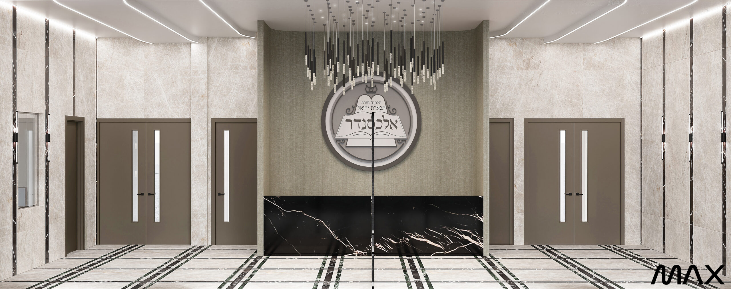 Elegant modern lobby with chandelier and doors.