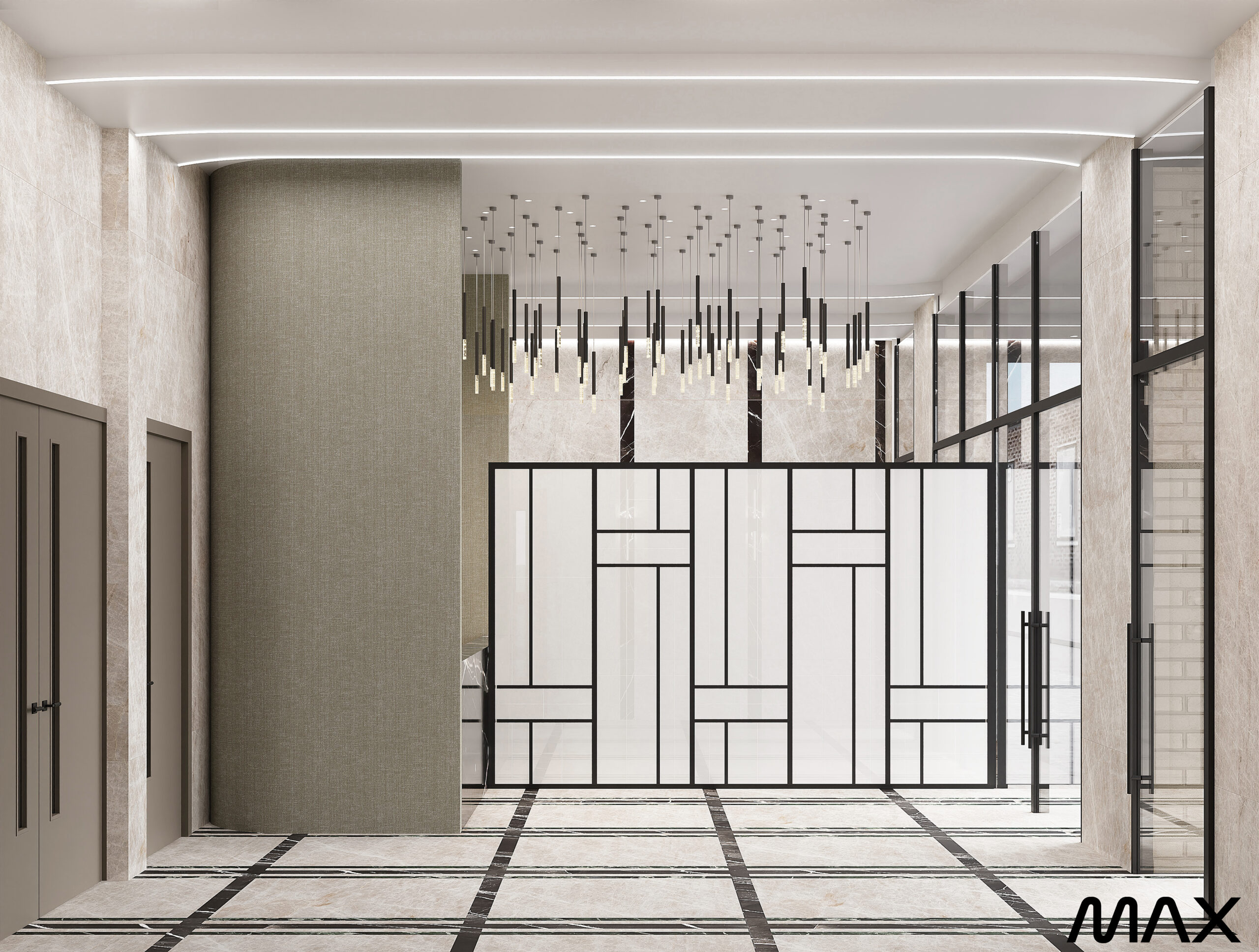 Modern lobby with geometric design and lighting.