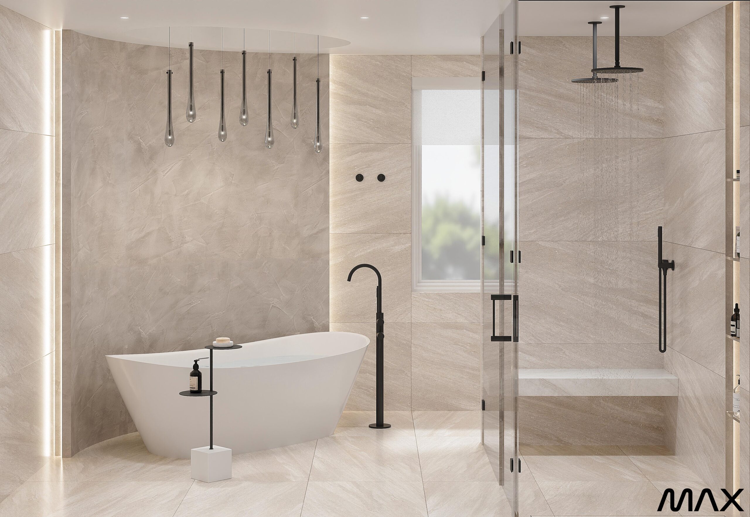 Modern bathroom with bathtub and shower area.