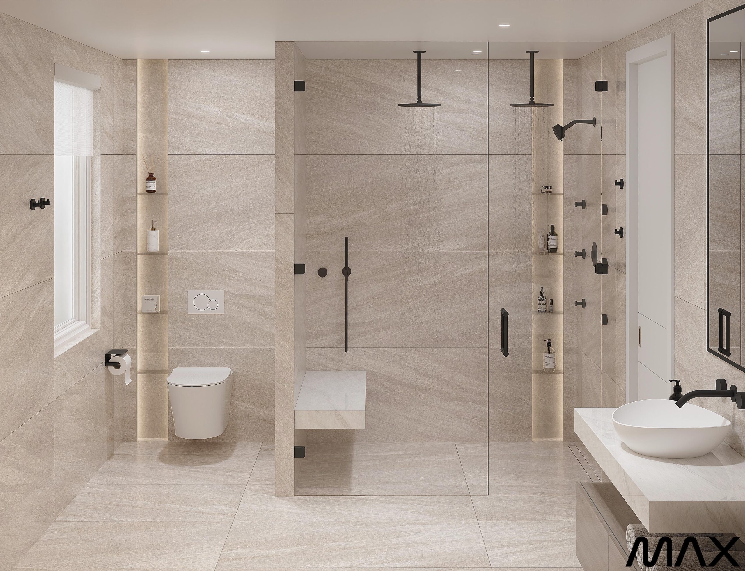 Modern minimalist bathroom with glass shower enclosure.