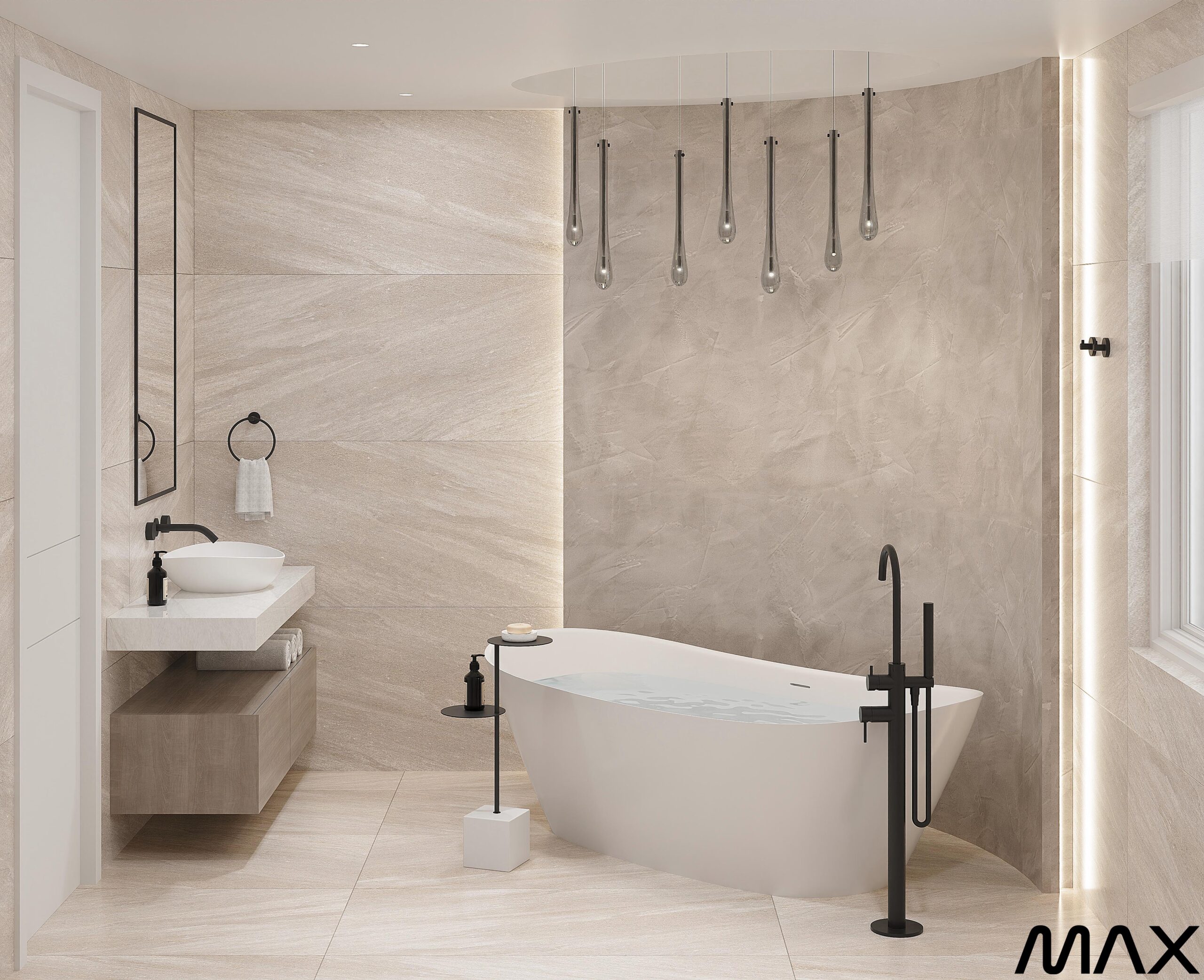 Modern bathroom with freestanding tub and fixtures.