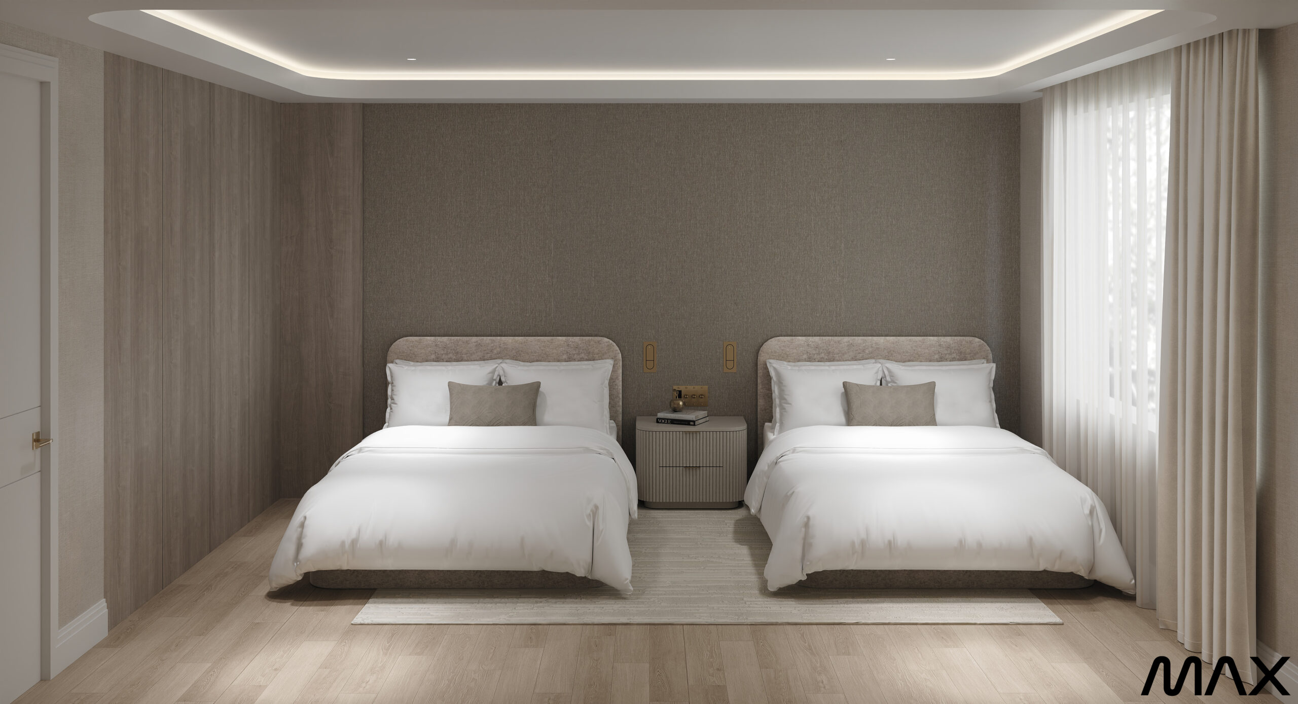 Two beds in a modern hotel room.
