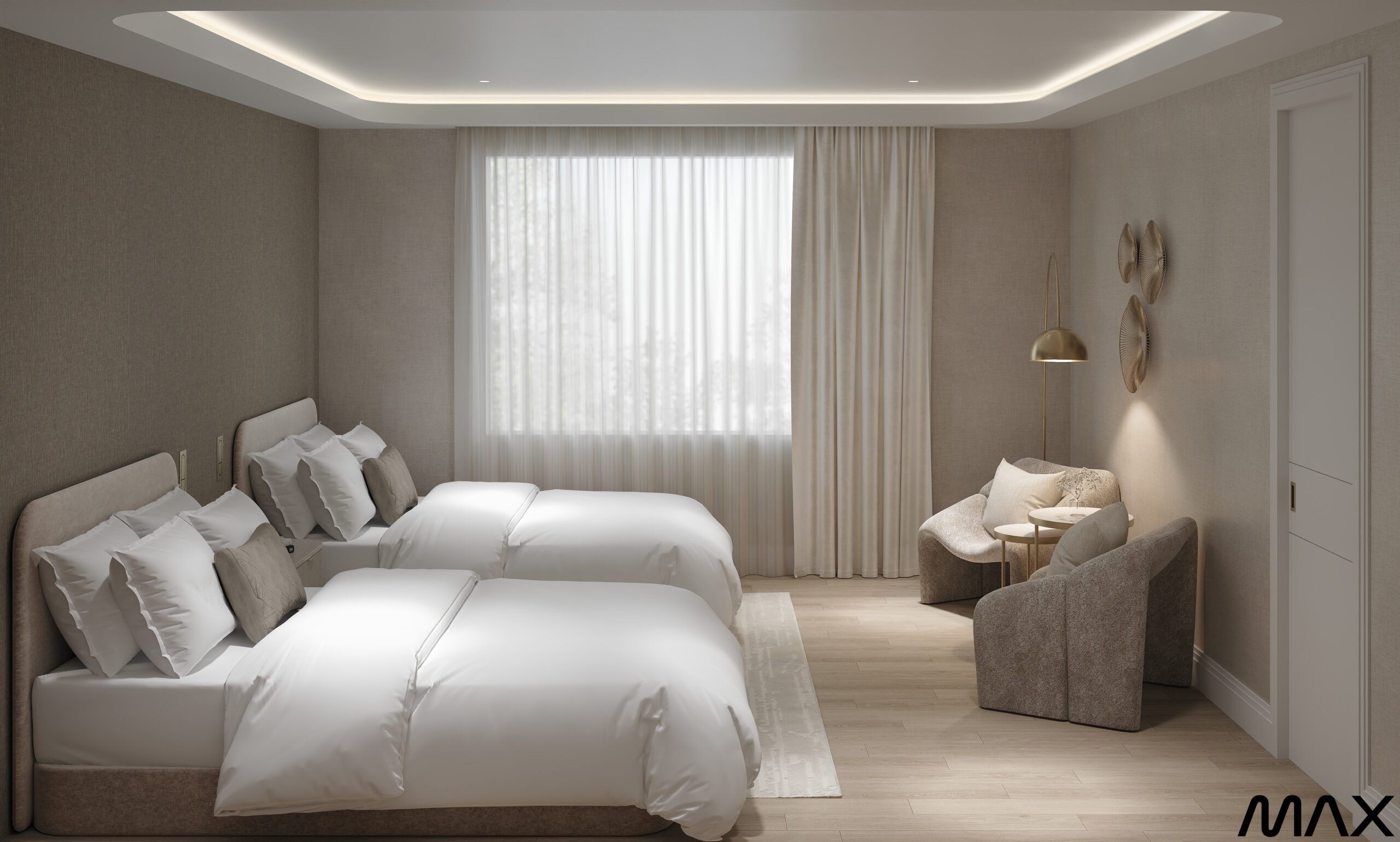 Modern bedroom with two beds and chairs.
