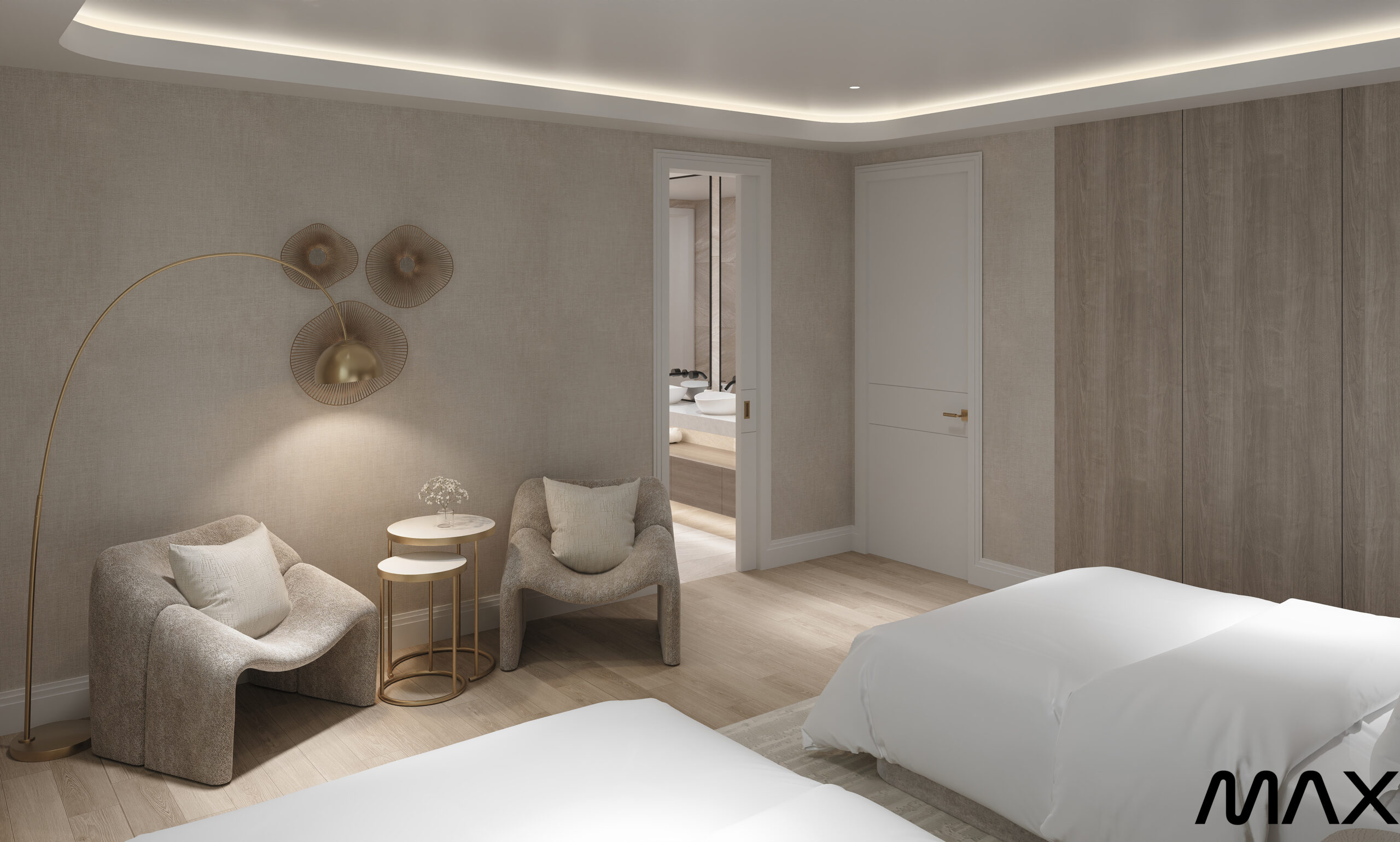 Modern bedroom with chairs and subtle lighting.