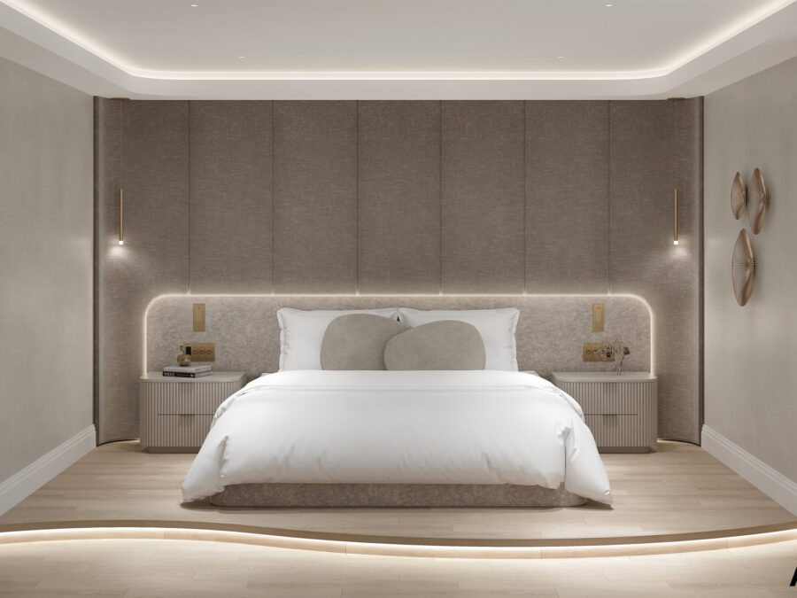 Modern minimalist bedroom with ambient lighting.