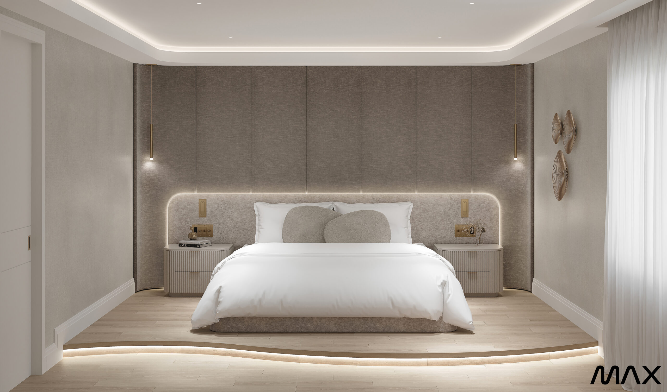 Modern minimalist bedroom with ambient lighting.