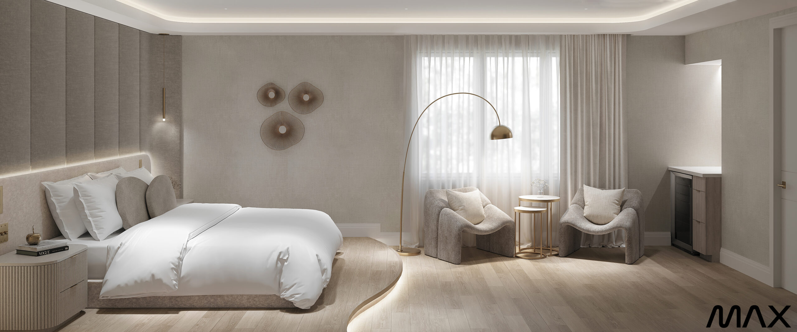 Minimalist bedroom with modern decor and lighting.