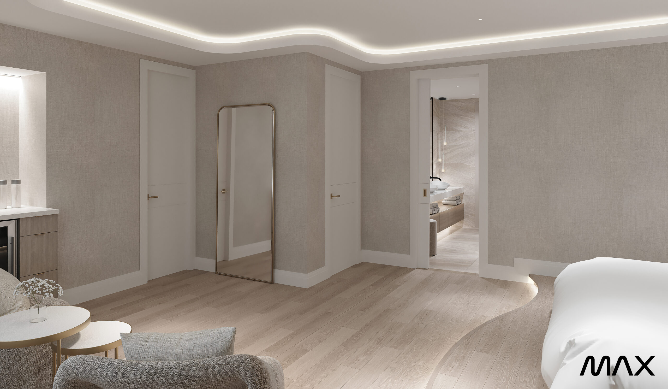 Modern minimalist bedroom with wooden flooring.