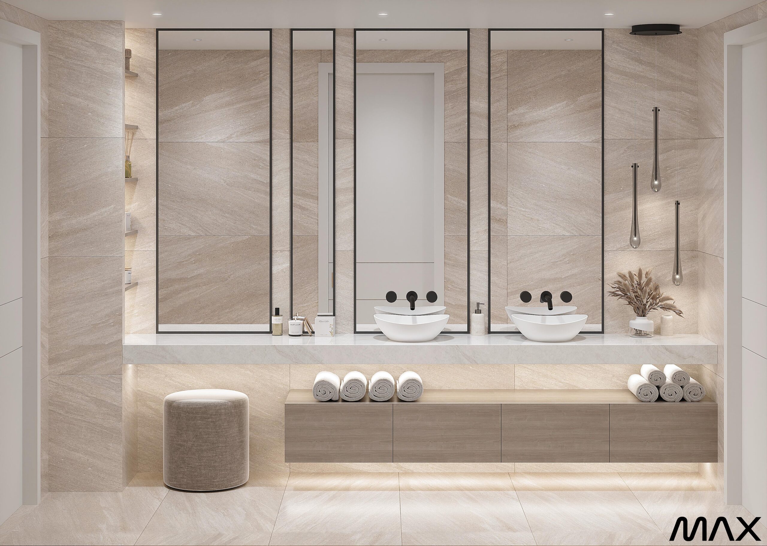 Modern bathroom with mirrors and double sinks.