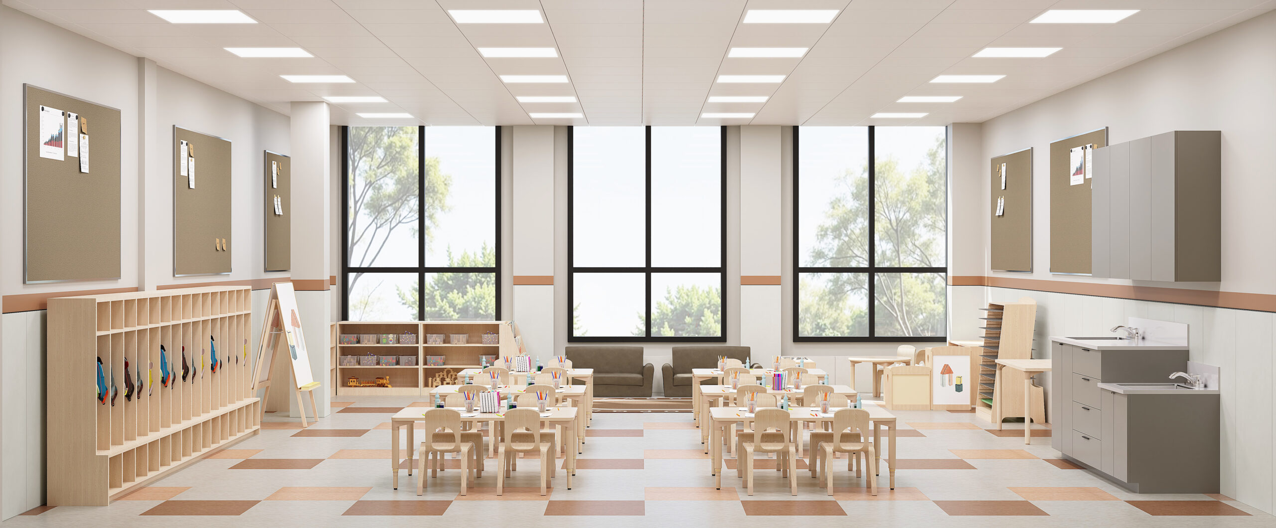 Bright, organized classroom with tables and chairs.