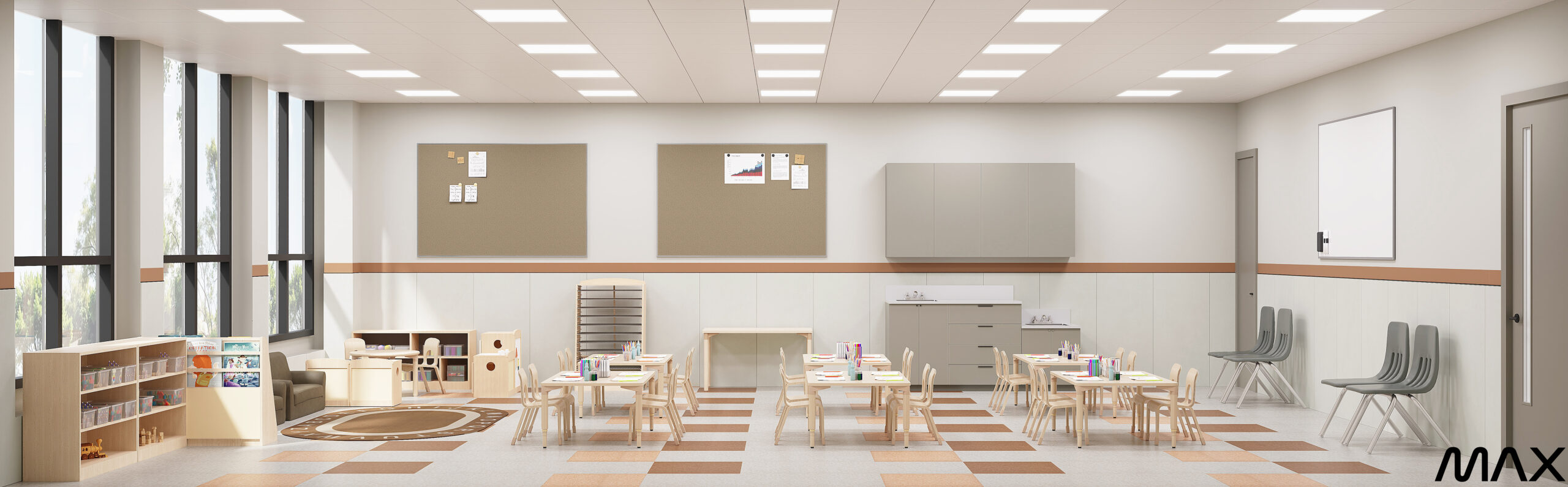 Modern classroom with tables and chairs.