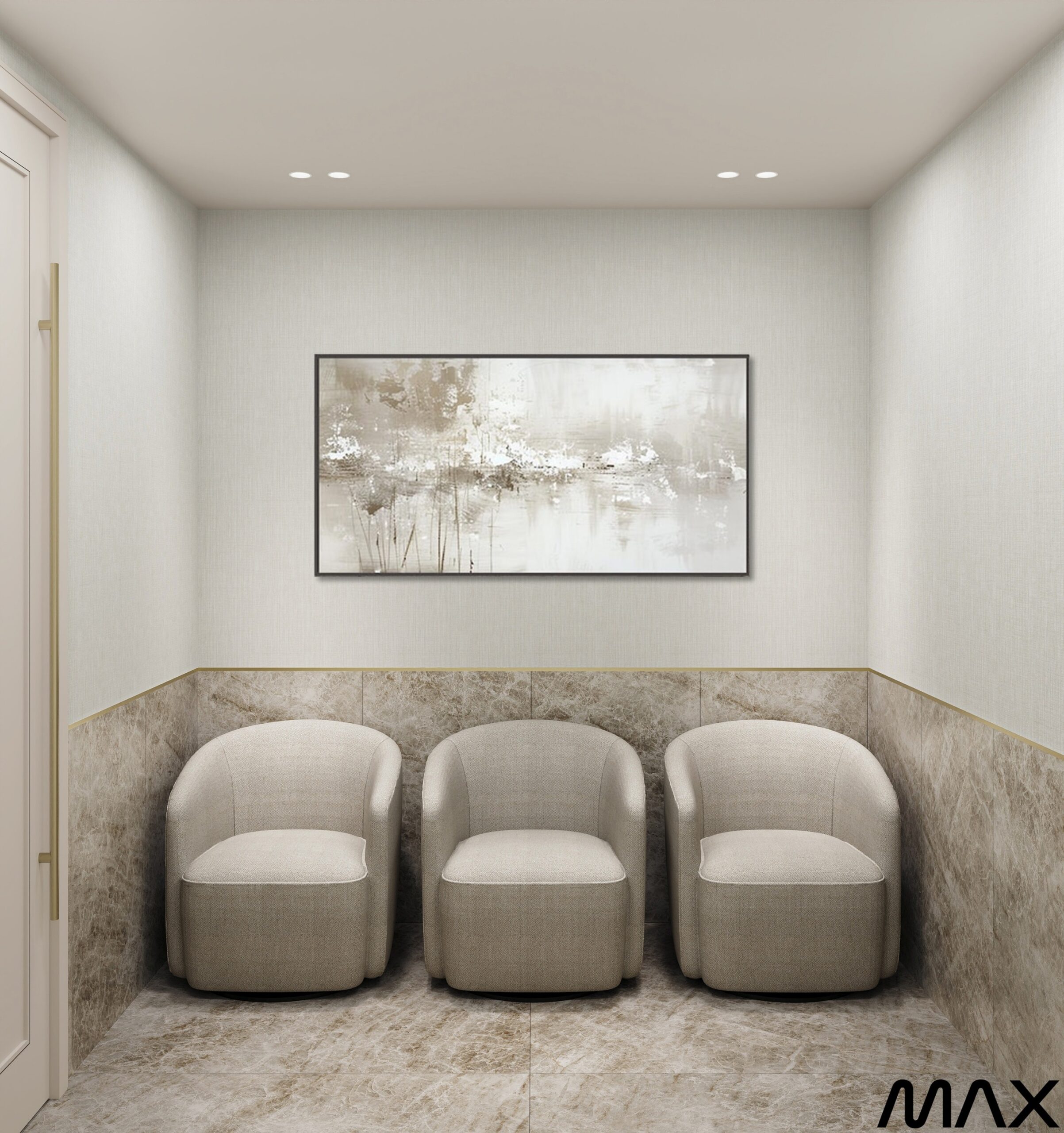 Three beige chairs in minimalist waiting room.