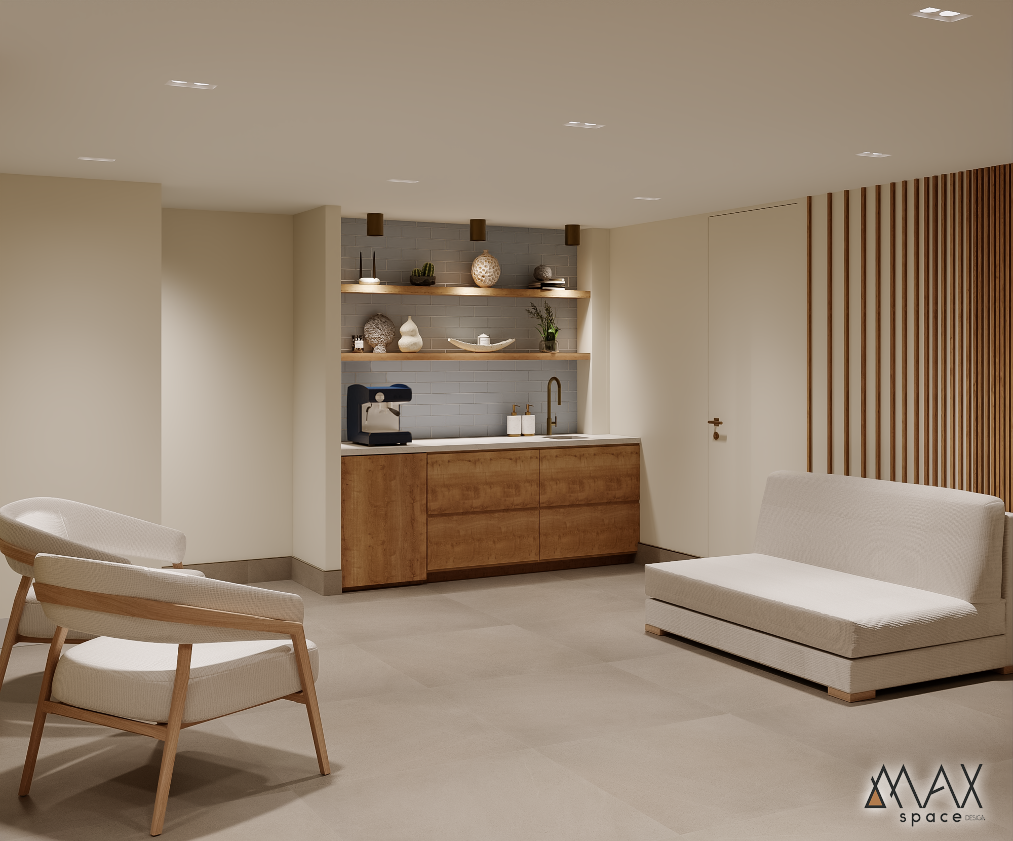 Modern minimalist room with wooden furniture.