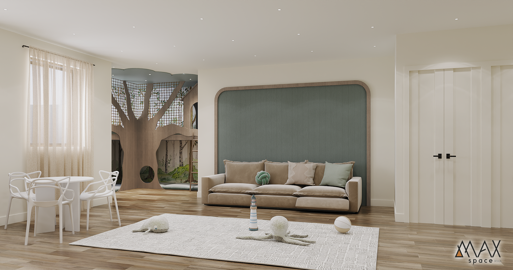 Modern living room with treehouse play area.