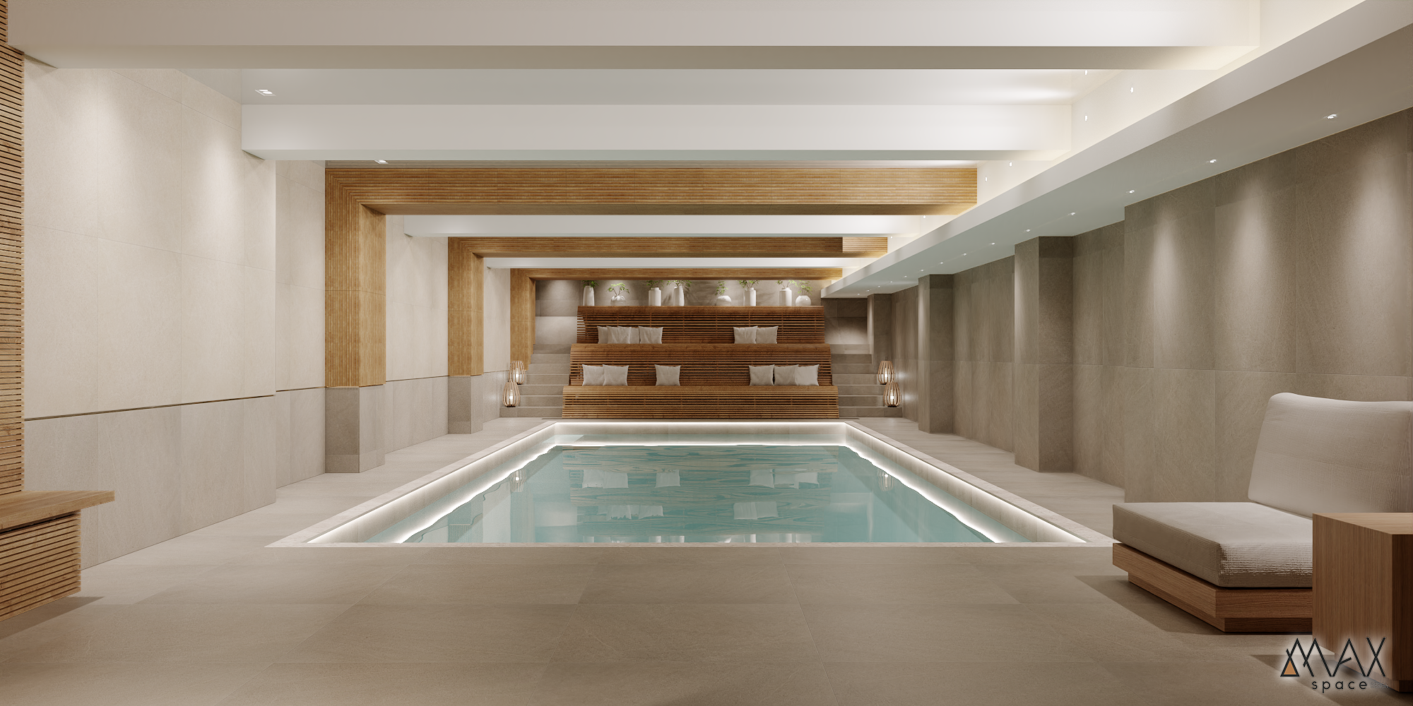 Indoor pool with modern wooden accents.