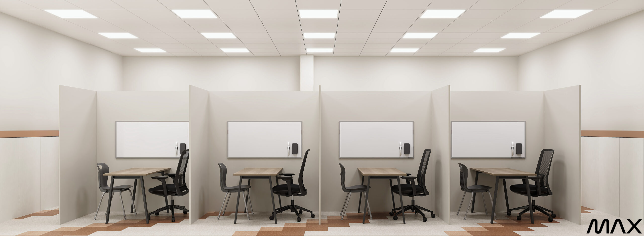 Office cubicles with chairs and desks.