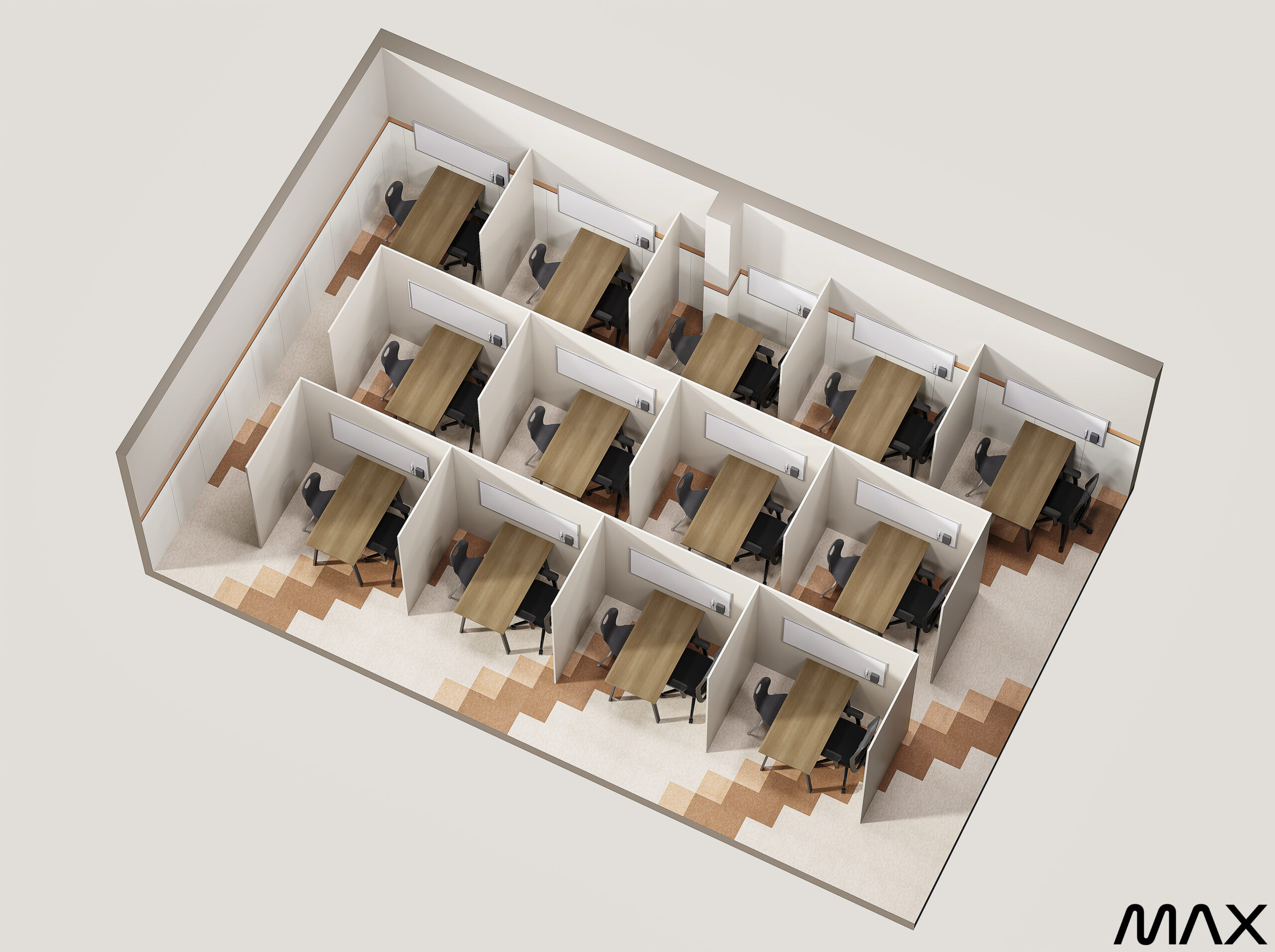 Office cubicles arranged in a grid pattern.