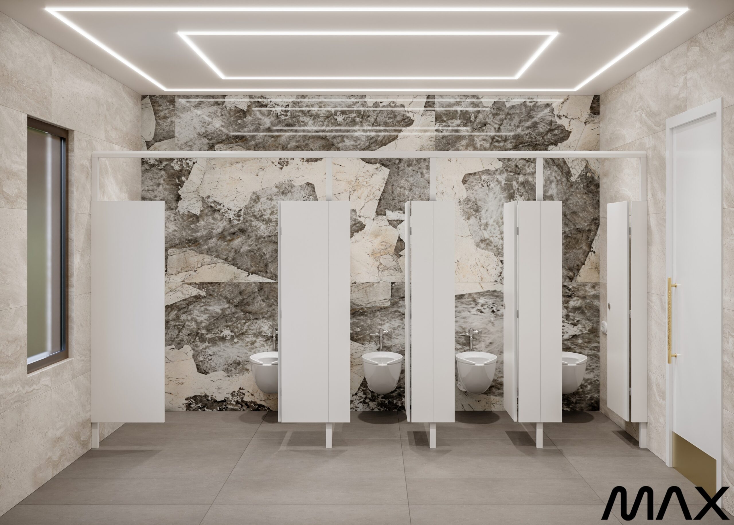 Modern restroom with individual toilet stalls.