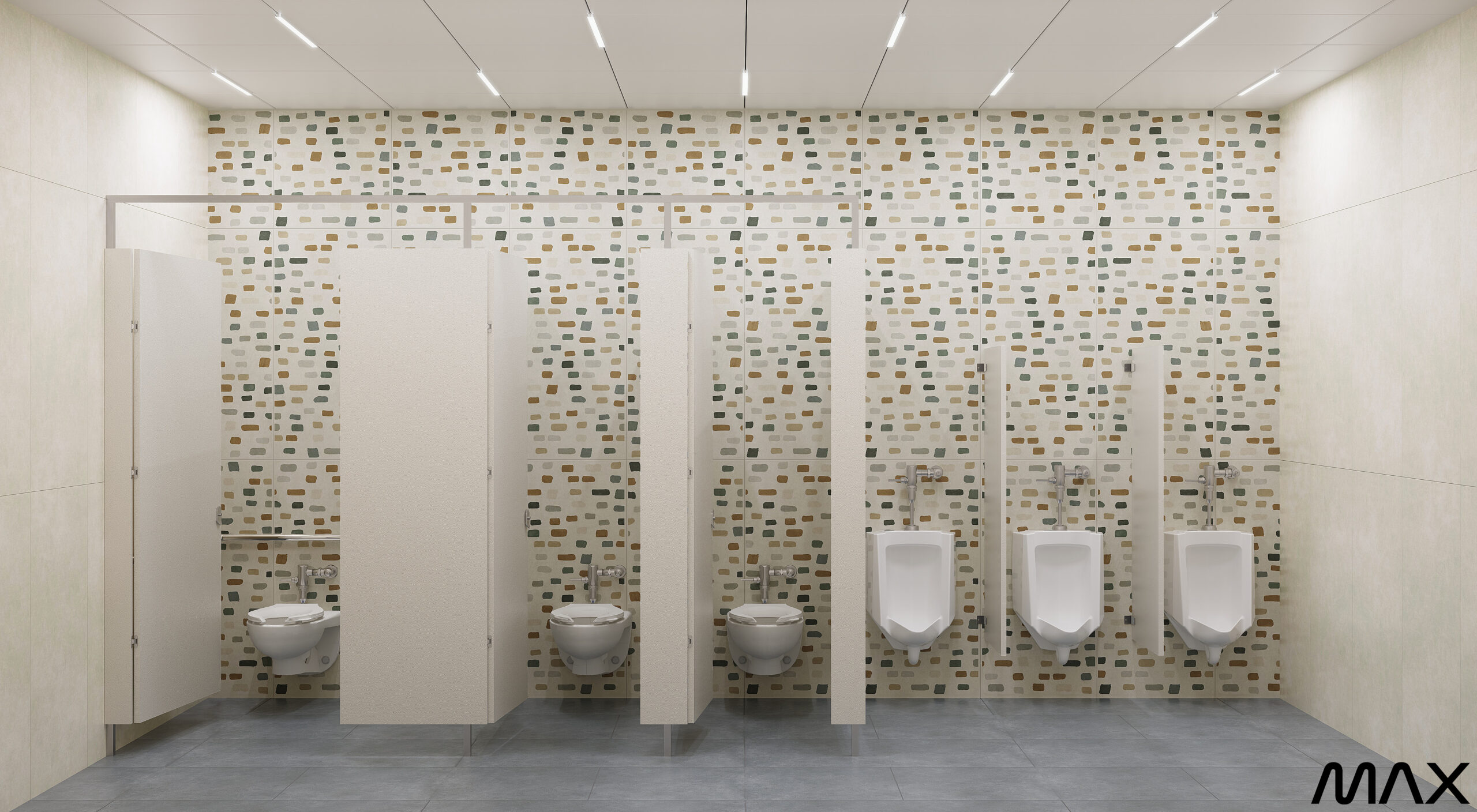 Public restroom with stalls and urinals.