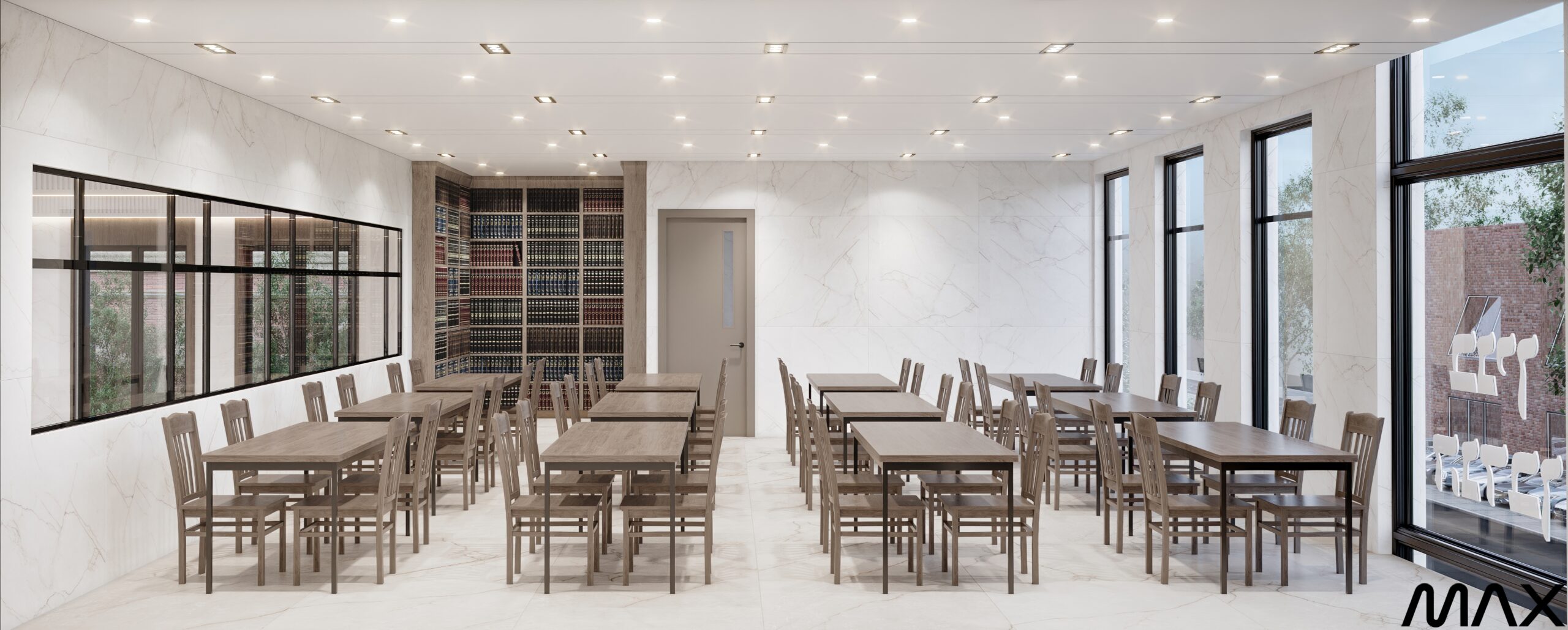 Modern dining room with wooden tables and chairs.