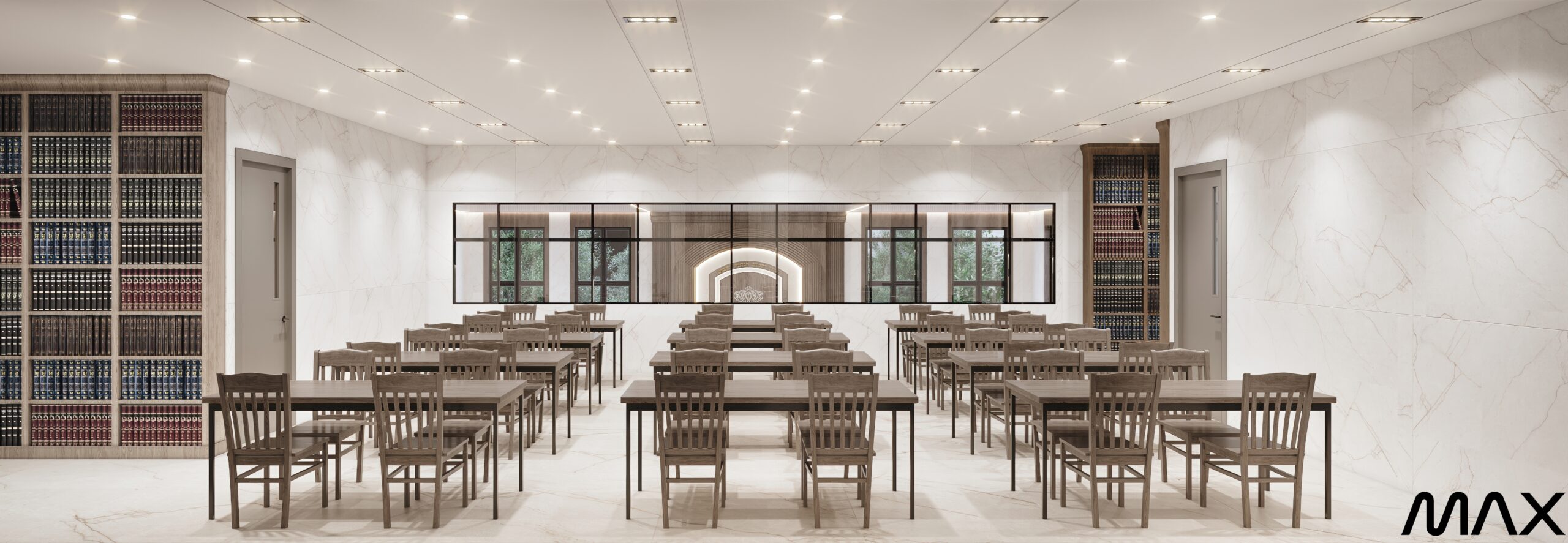 Spacious library with tables and chairs.