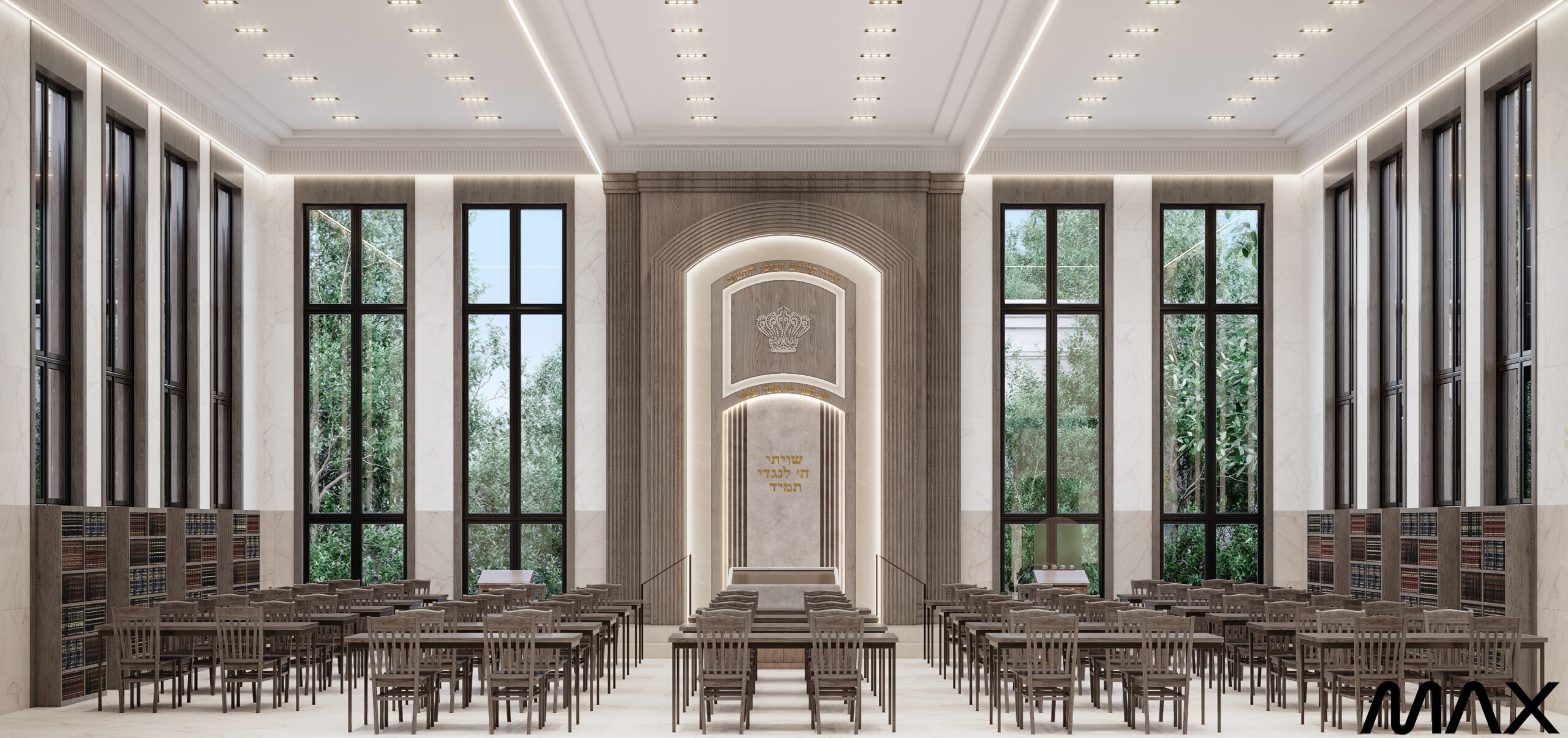 Spacious library with tall windows and bookshelves.
