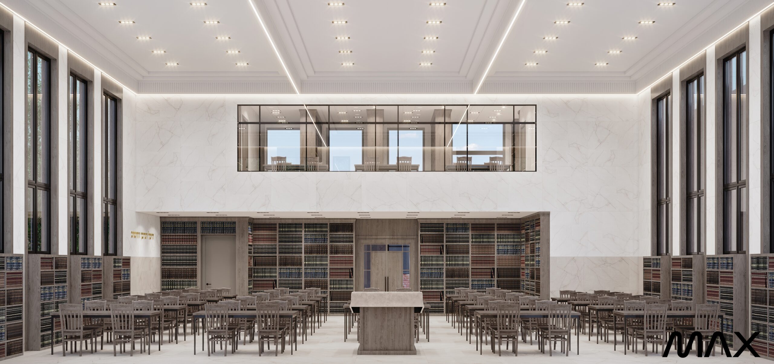 Modern library reading room with wooden furniture.