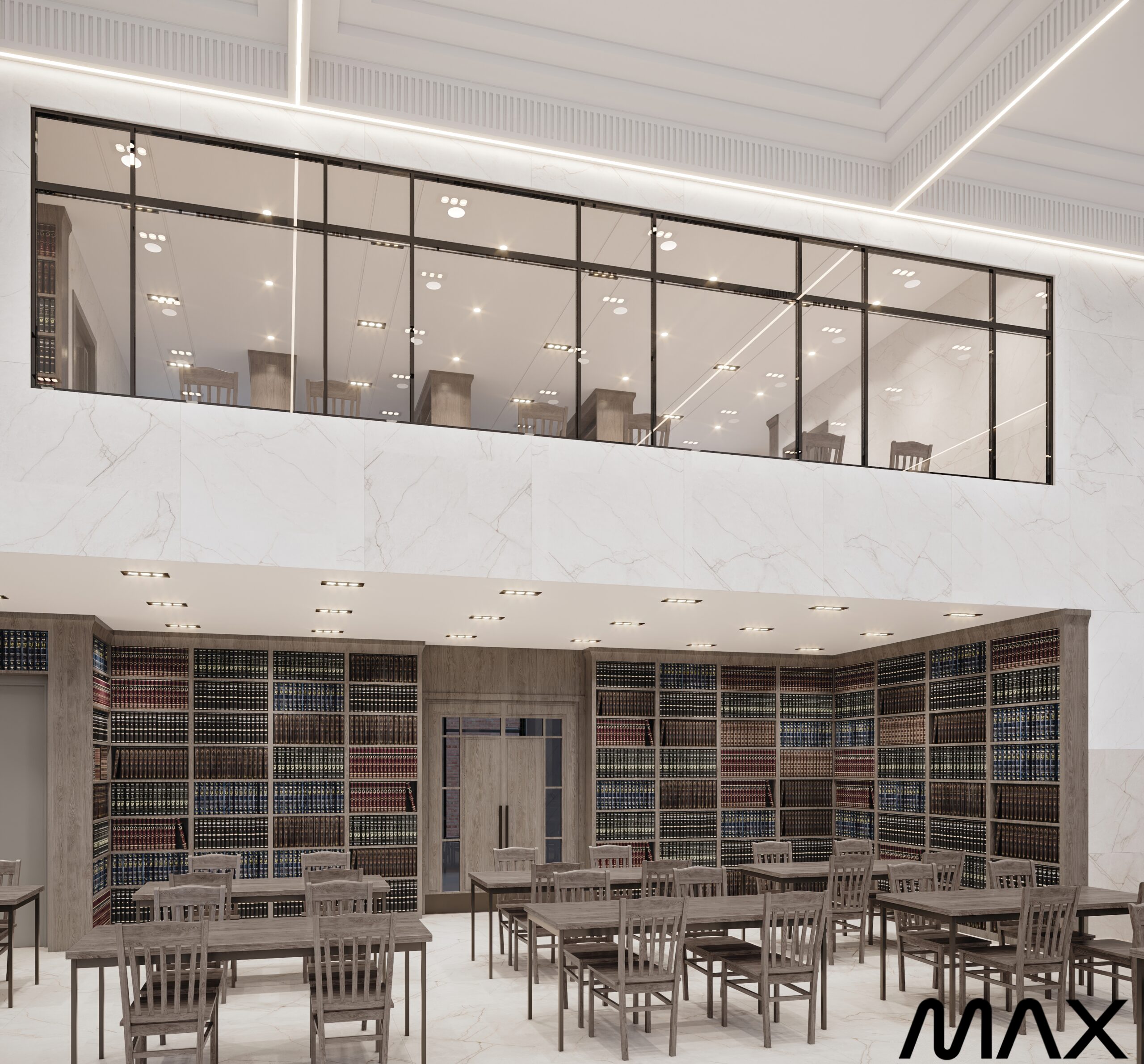 Modern library interior with bookshelves and tables.