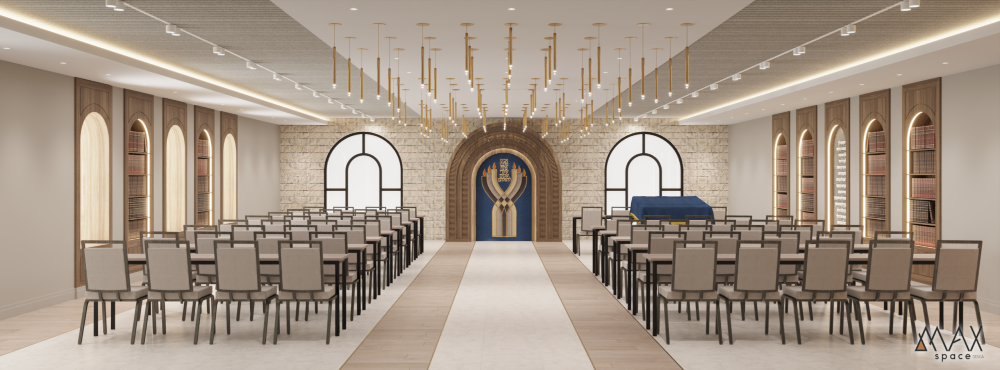 Modern conference room with elegant chandeliers.