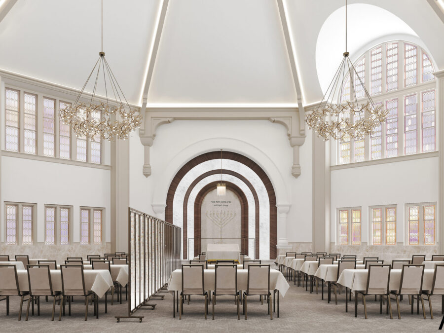 Elegant banquet hall with chandeliers and tables.