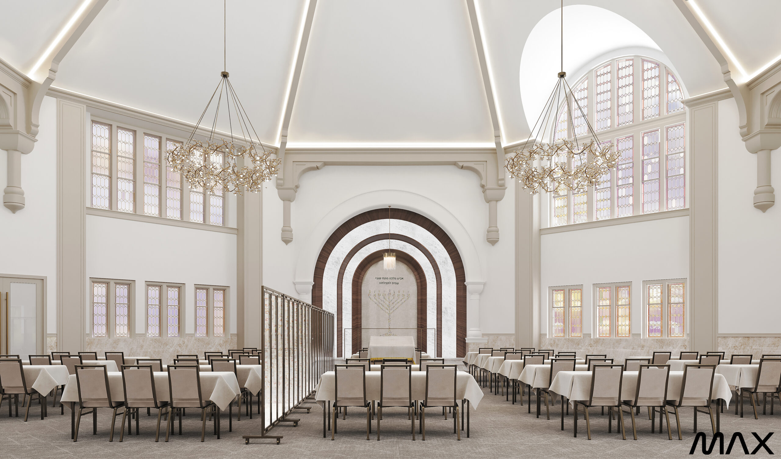 Elegant banquet hall with chandeliers and tables.
