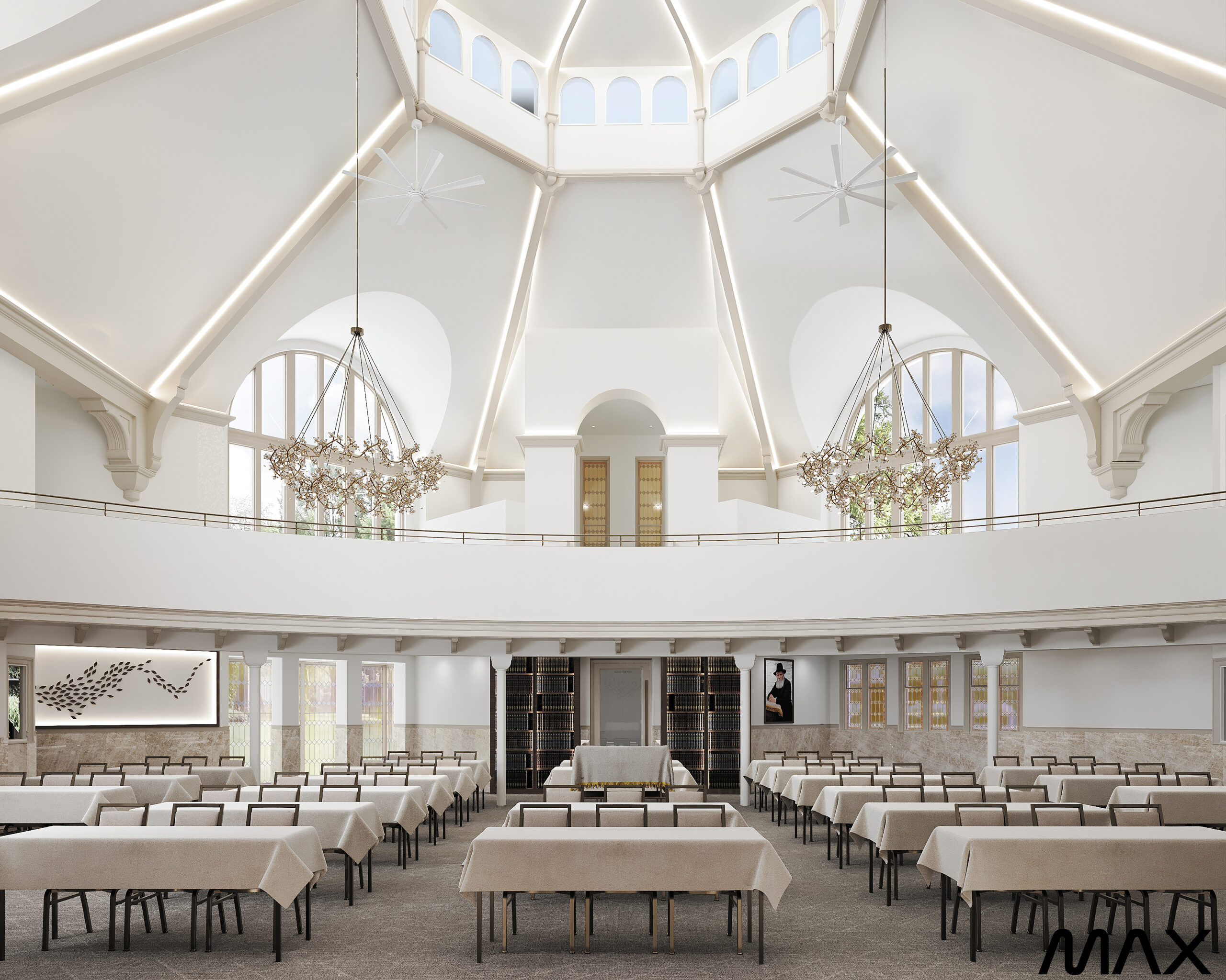 Elegant hall with chandeliers and high ceiling.