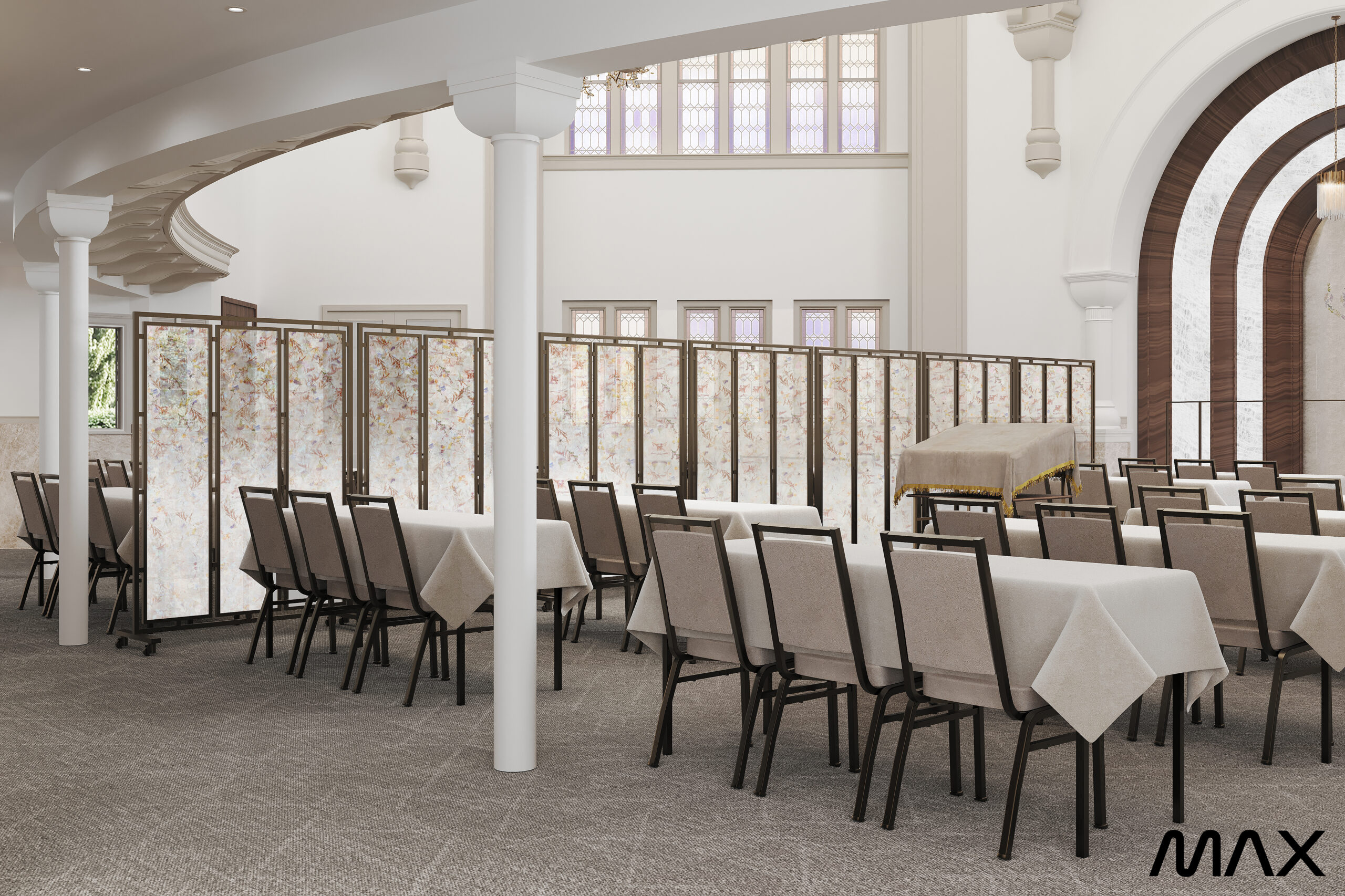 Elegant dining area with partition screens.