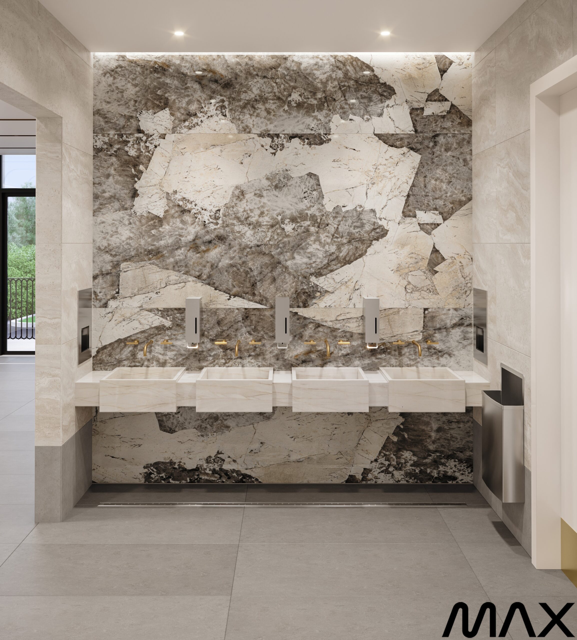 Modern bathroom sinks with marble wall.