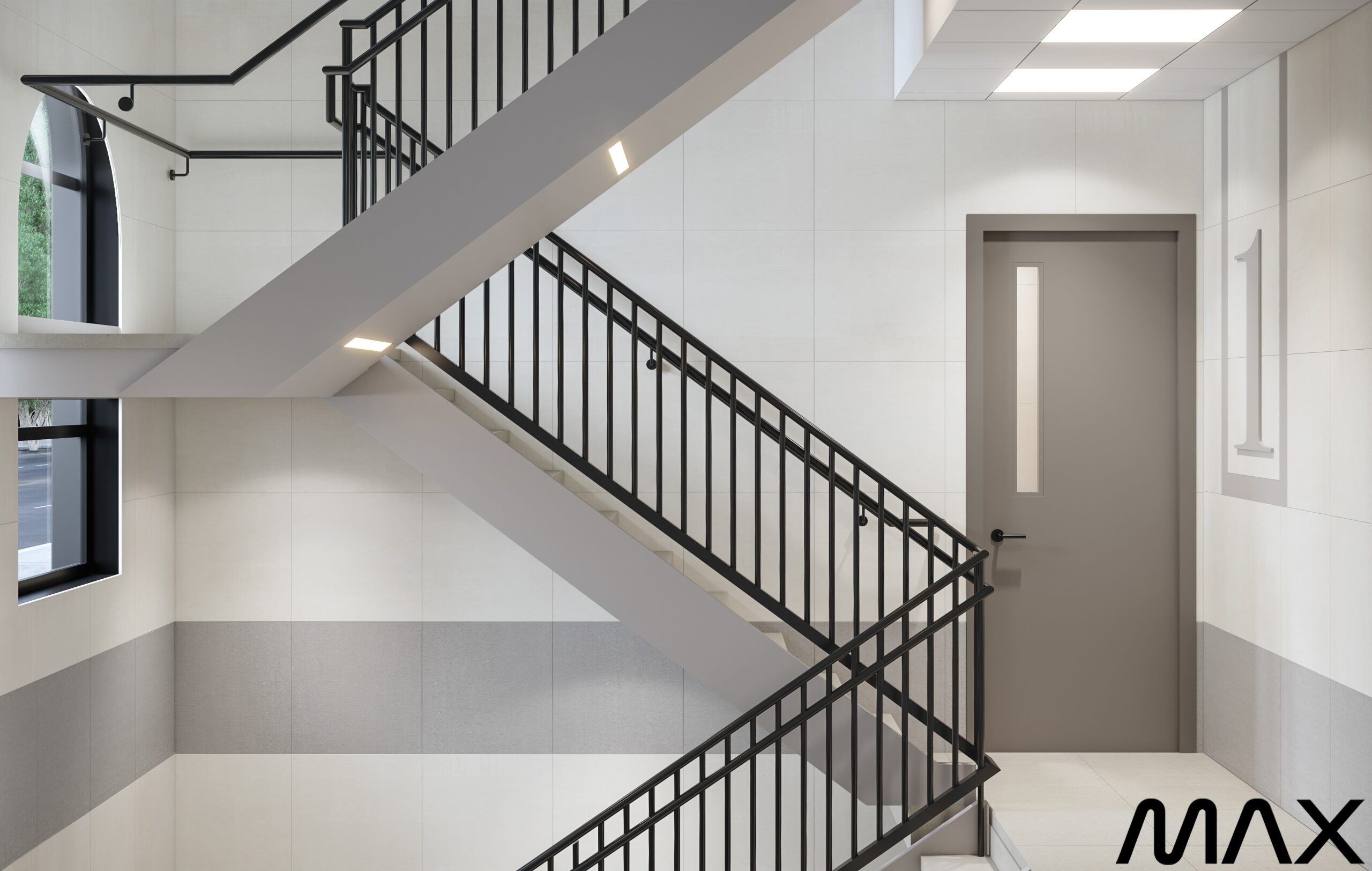 Modern stairwell with door and natural light.