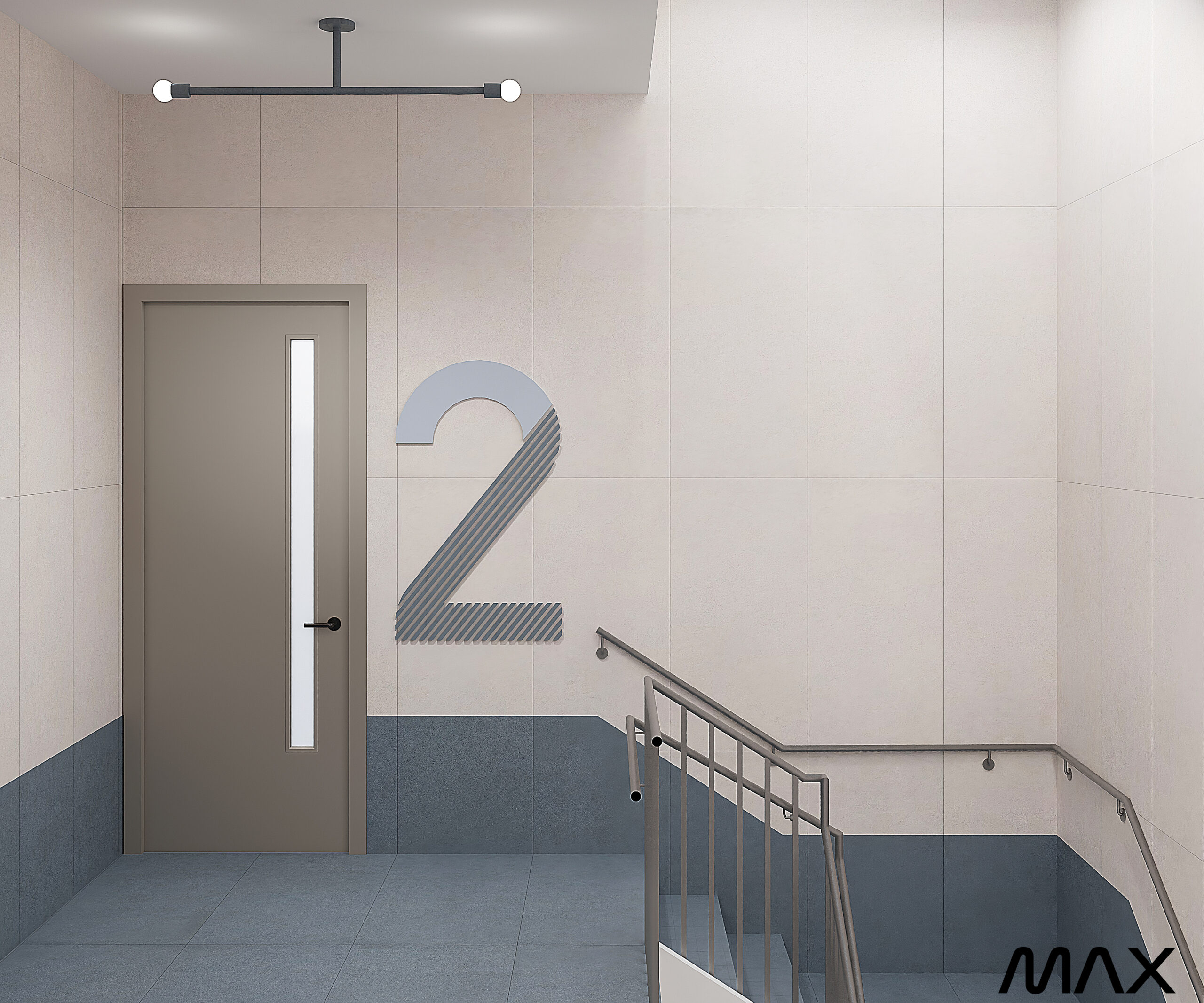 Stairwell with door and number two.